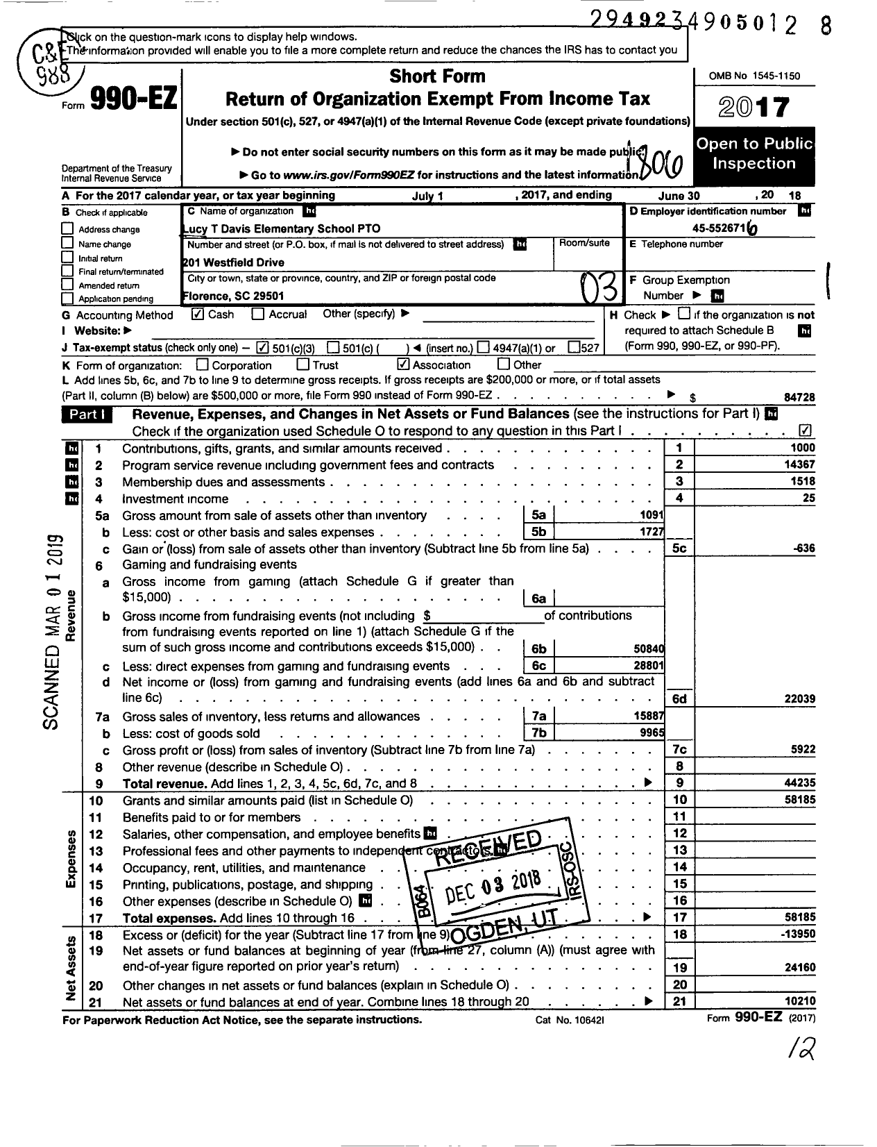 Image of first page of 2017 Form 990EZ for Lucy T Davis Elementary Pto