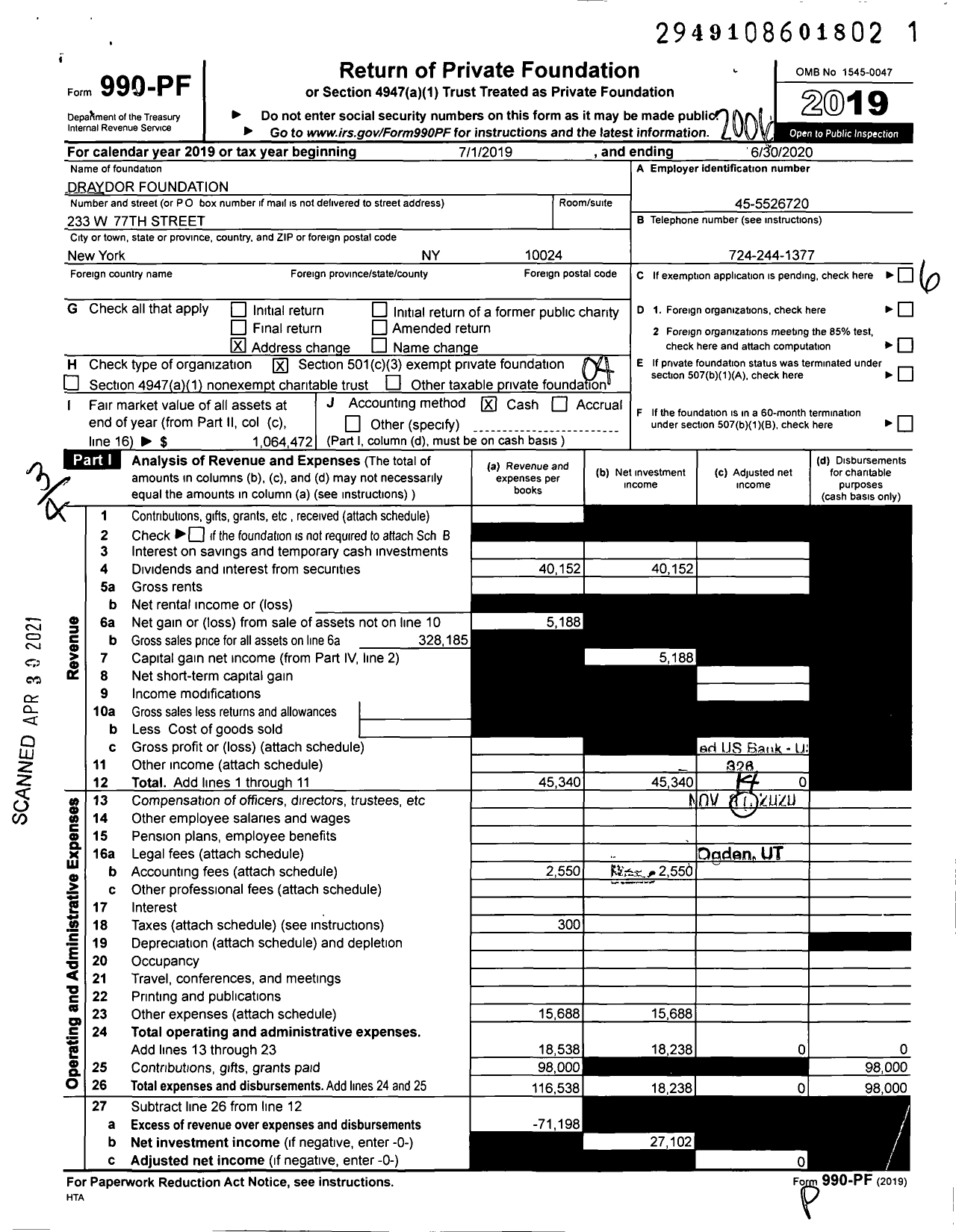 Image of first page of 2019 Form 990PF for Draydor Foundation