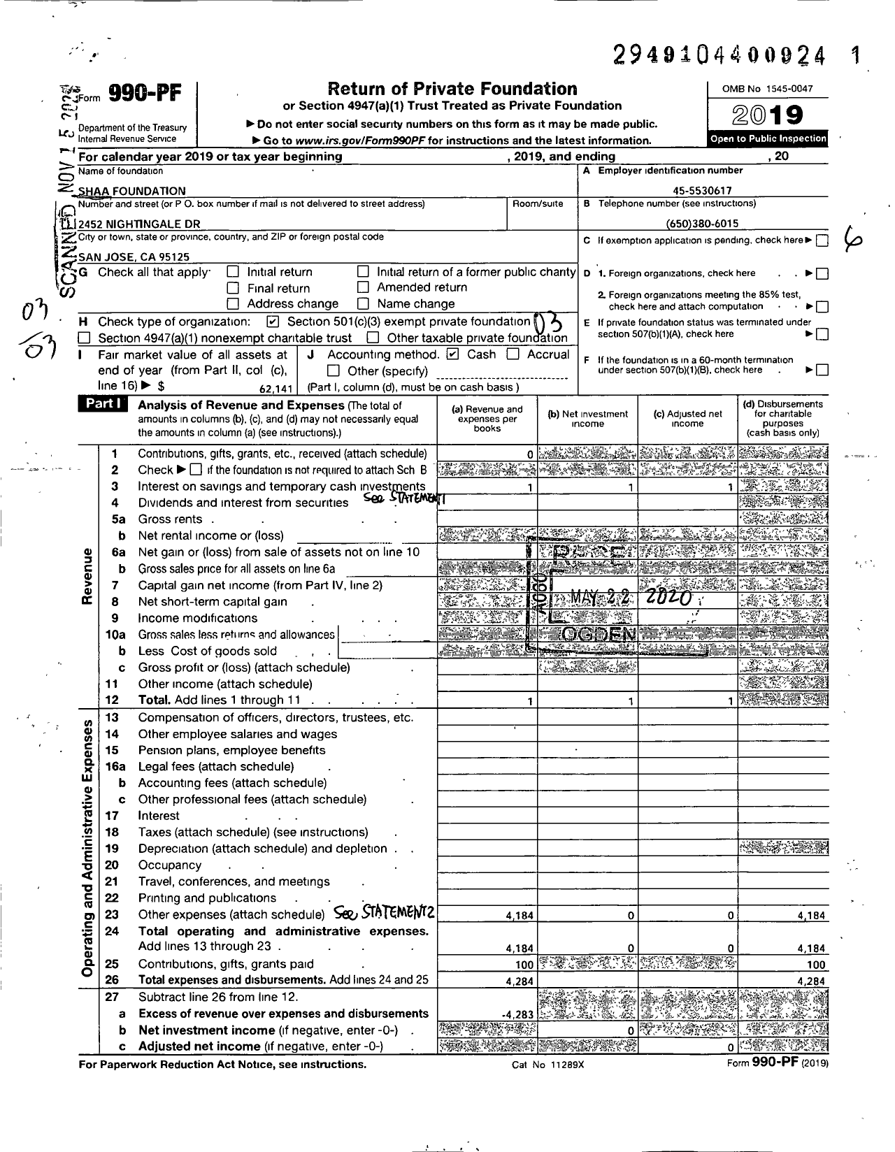 Image of first page of 2019 Form 990PF for Shaa Foundation