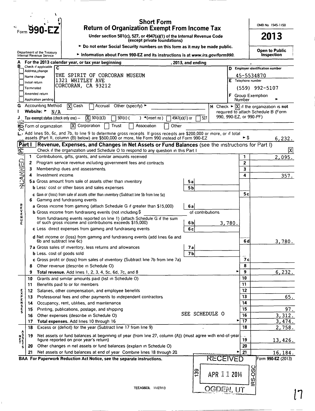 Image of first page of 2013 Form 990EZ for The Spirit of Corcoran Museum