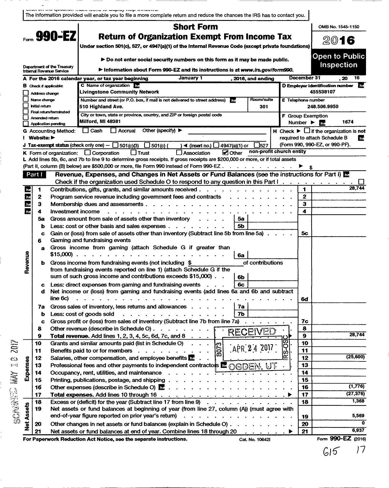 Image of first page of 2016 Form 990EO for Livingstone Community Network