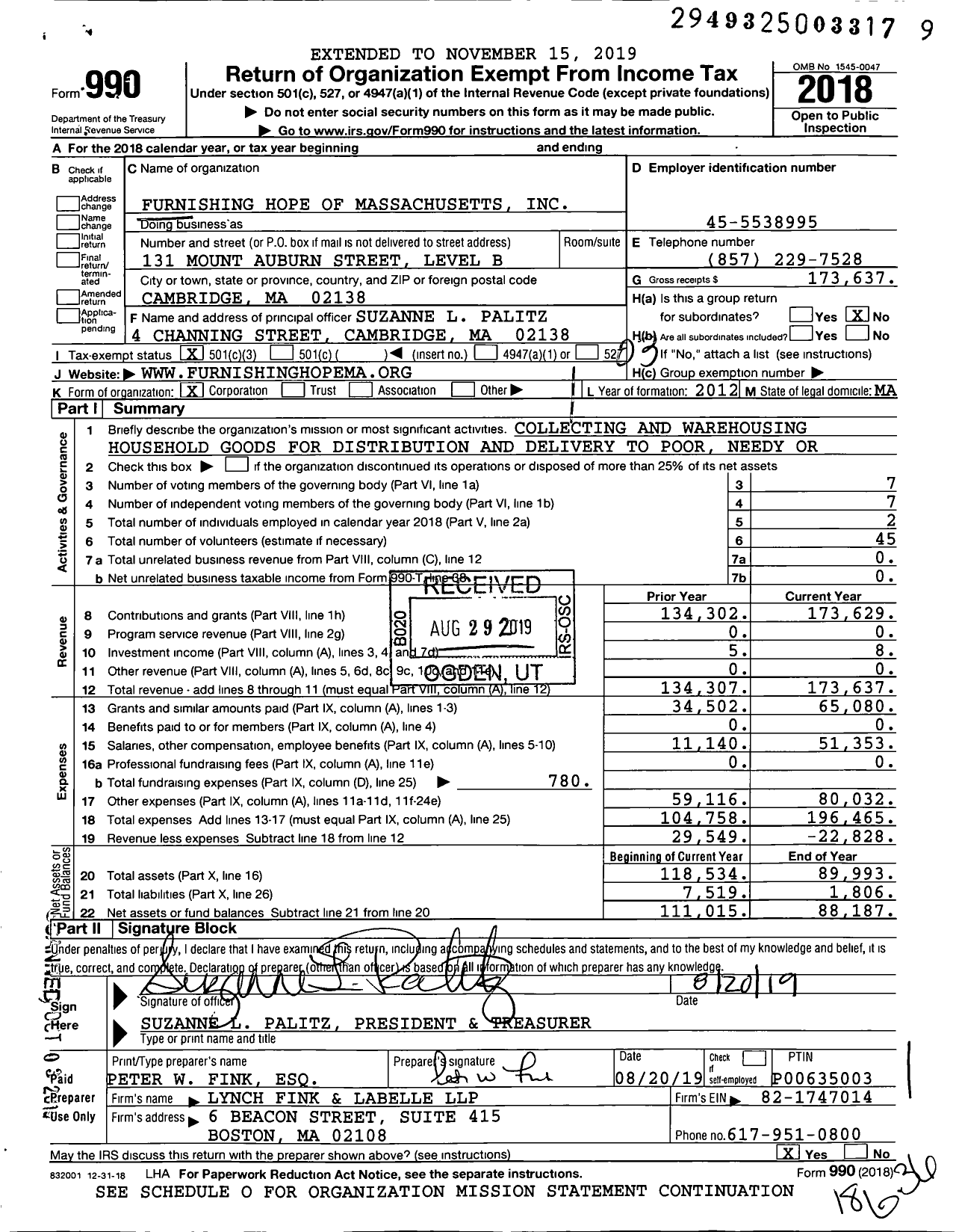 Image of first page of 2018 Form 990 for Furnishing Hope of Massachusetts