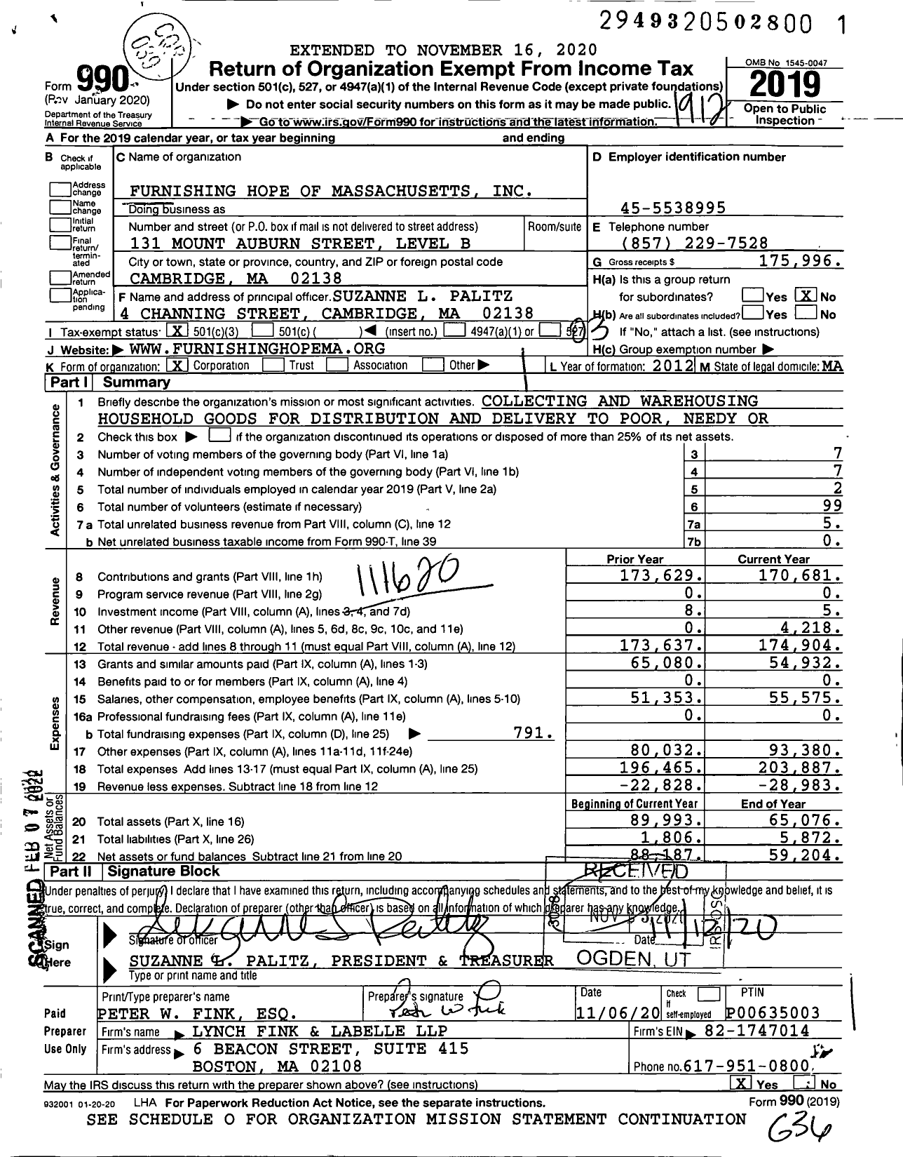 Image of first page of 2019 Form 990 for Furnishing Hope of Massachusetts