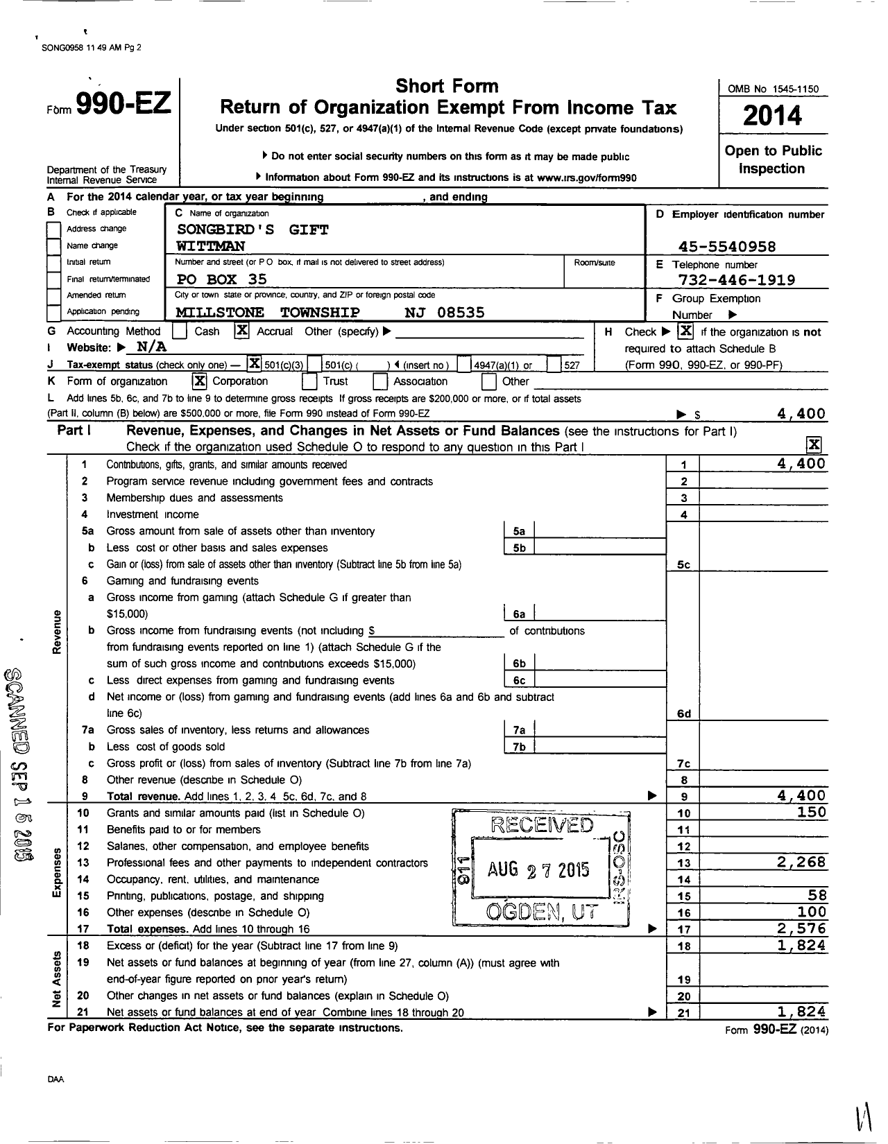 Image of first page of 2014 Form 990EZ for Songbird's Gift Wittman