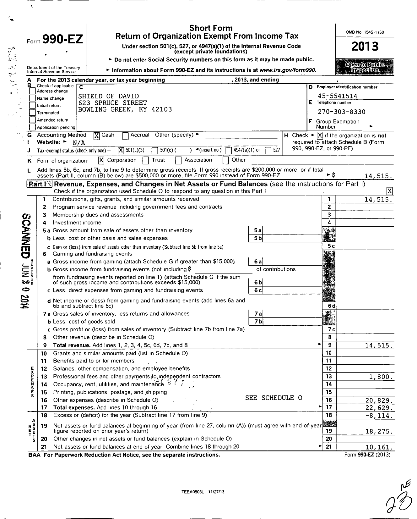 Image of first page of 2013 Form 990EZ for Shield of David