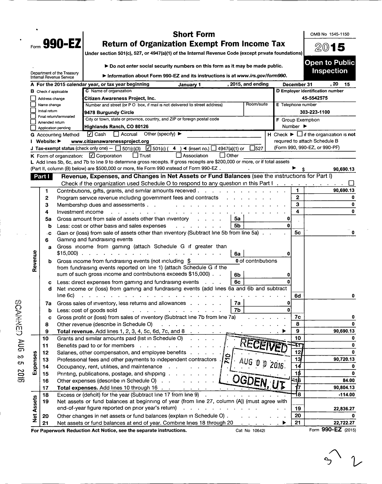 Image of first page of 2015 Form 990EO for Citizen Awareness Project