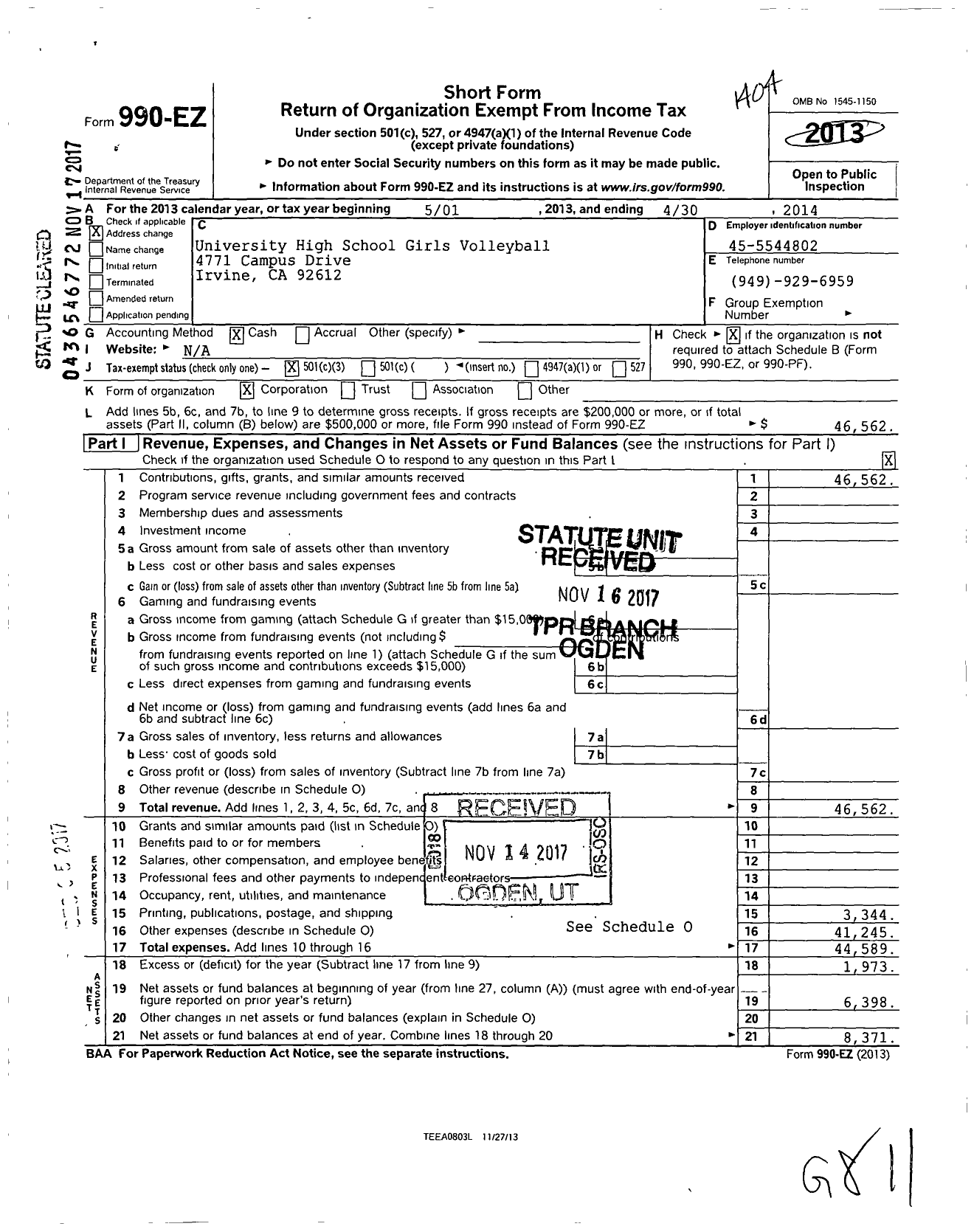 Image of first page of 2013 Form 990EZ for University High School Girls Volley Ball