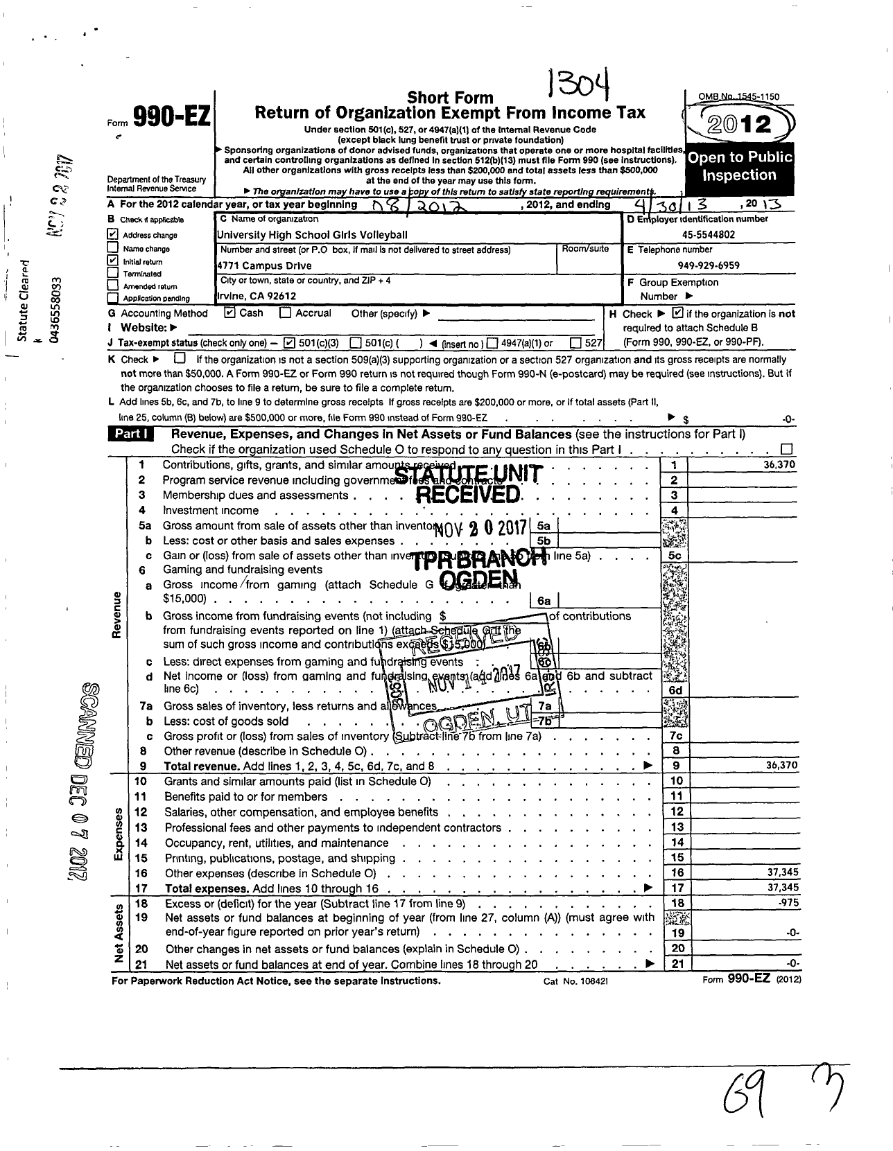 Image of first page of 2012 Form 990EZ for University High School Girls Volley Ball