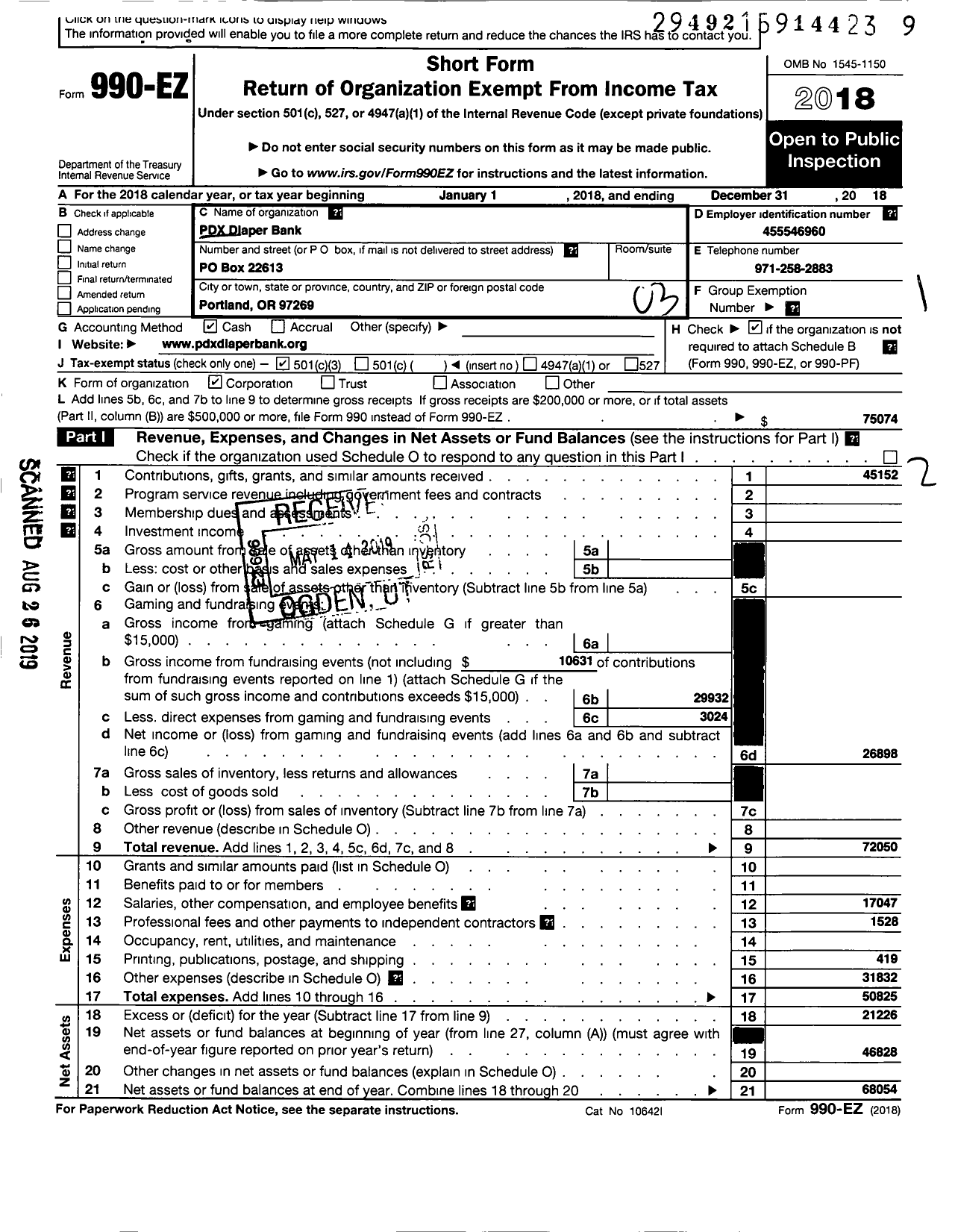 Image of first page of 2018 Form 990EZ for PDX Diaper Bank