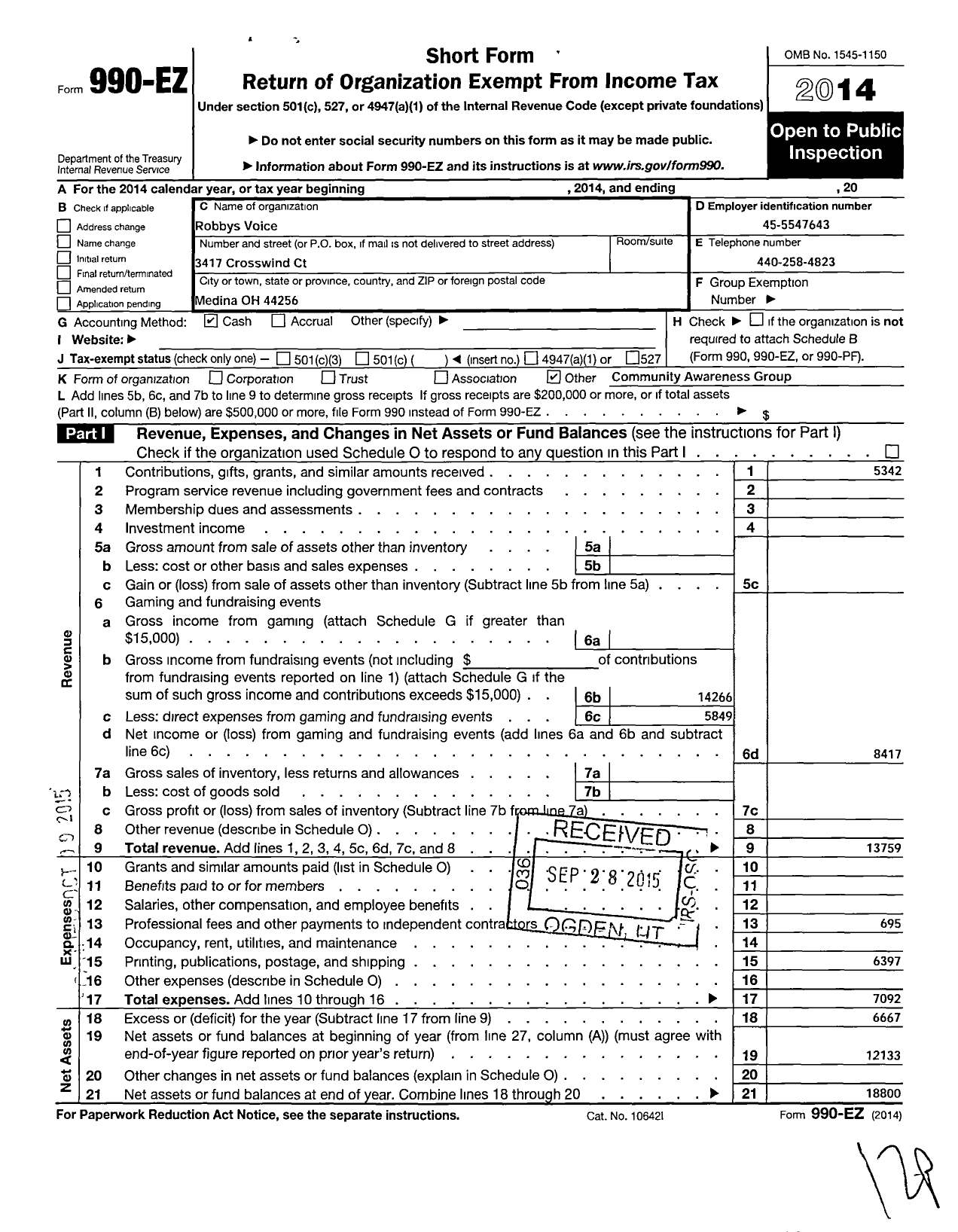 Image of first page of 2014 Form 990EO for Robbys Voice