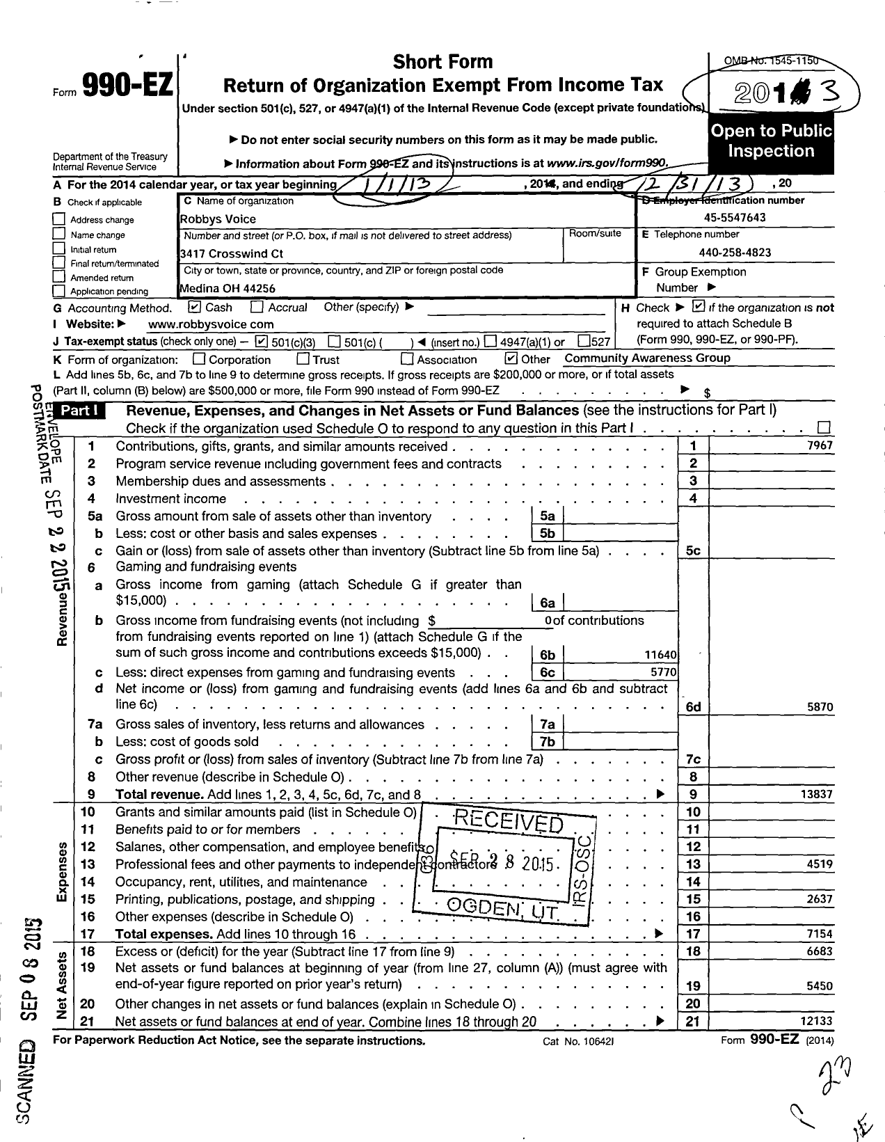 Image of first page of 2013 Form 990EZ for Robbys Voice