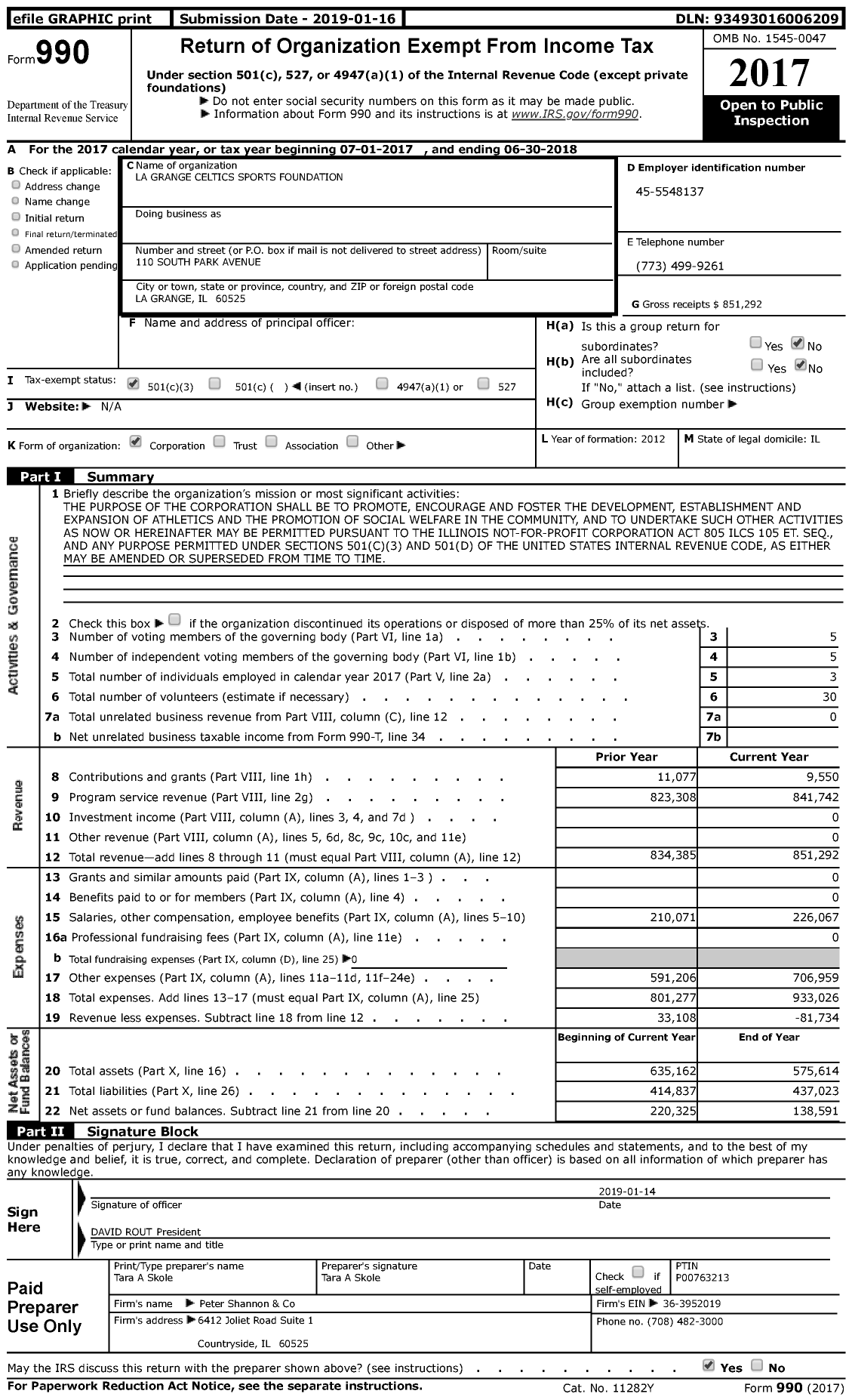 Image of first page of 2017 Form 990 for La Grange Celtics Sports Foundation