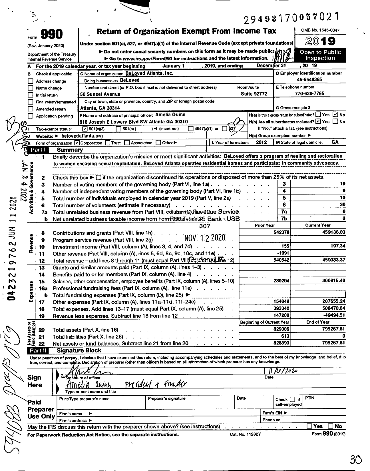 Image of first page of 2019 Form 990 for BeLoved Atlanta