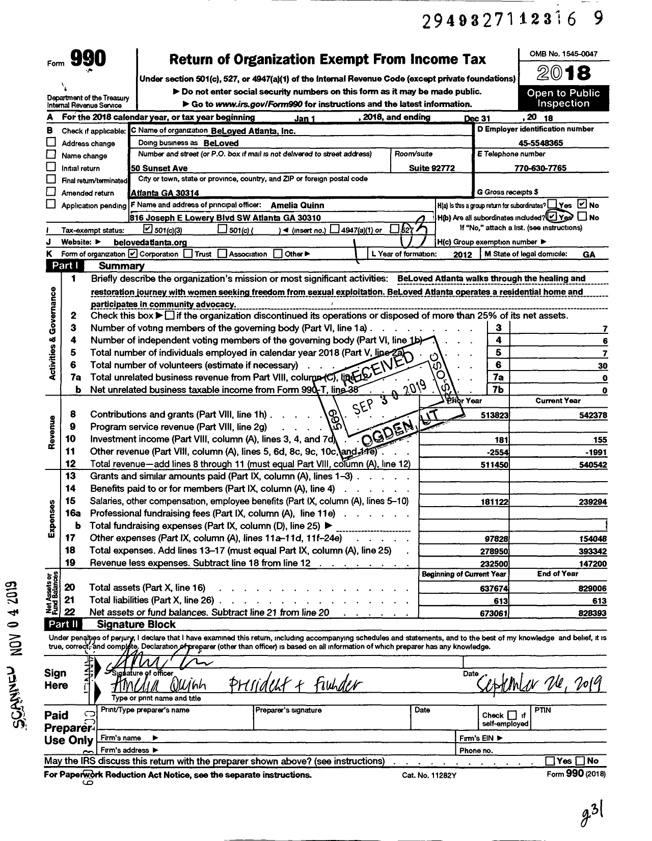 Image of first page of 2018 Form 990 for BeLoved Atlanta