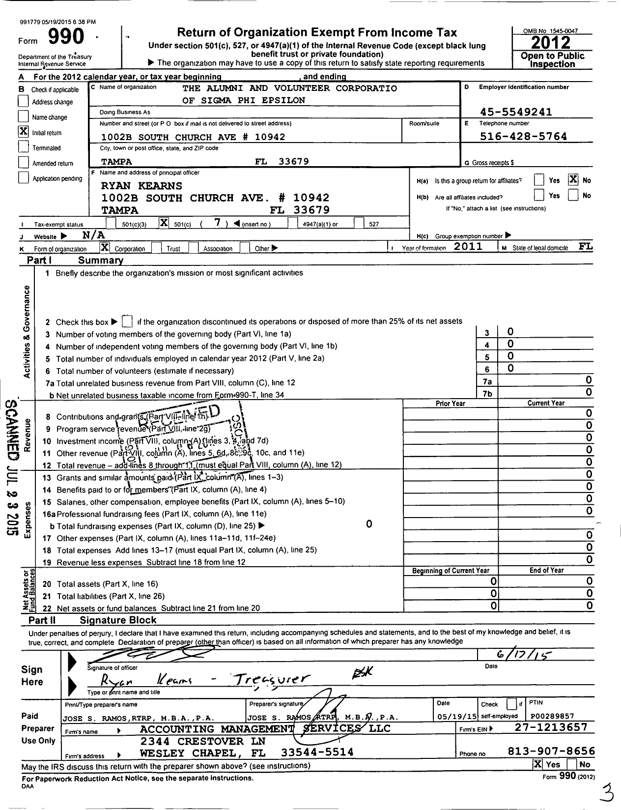 Image of first page of 2012 Form 990O for Alumni and Volunteer Corporation of Sigma Phi Epsilon F