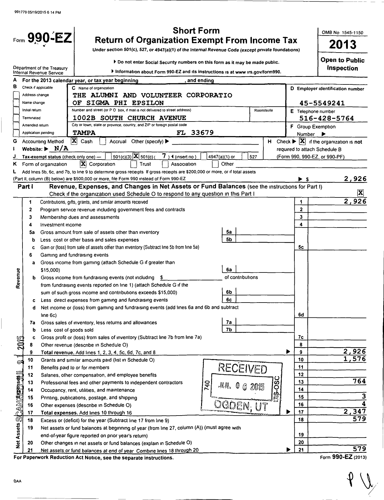 Image of first page of 2013 Form 990EO for Alumni and Volunteer Corporation of Sigma Phi Epsilon F