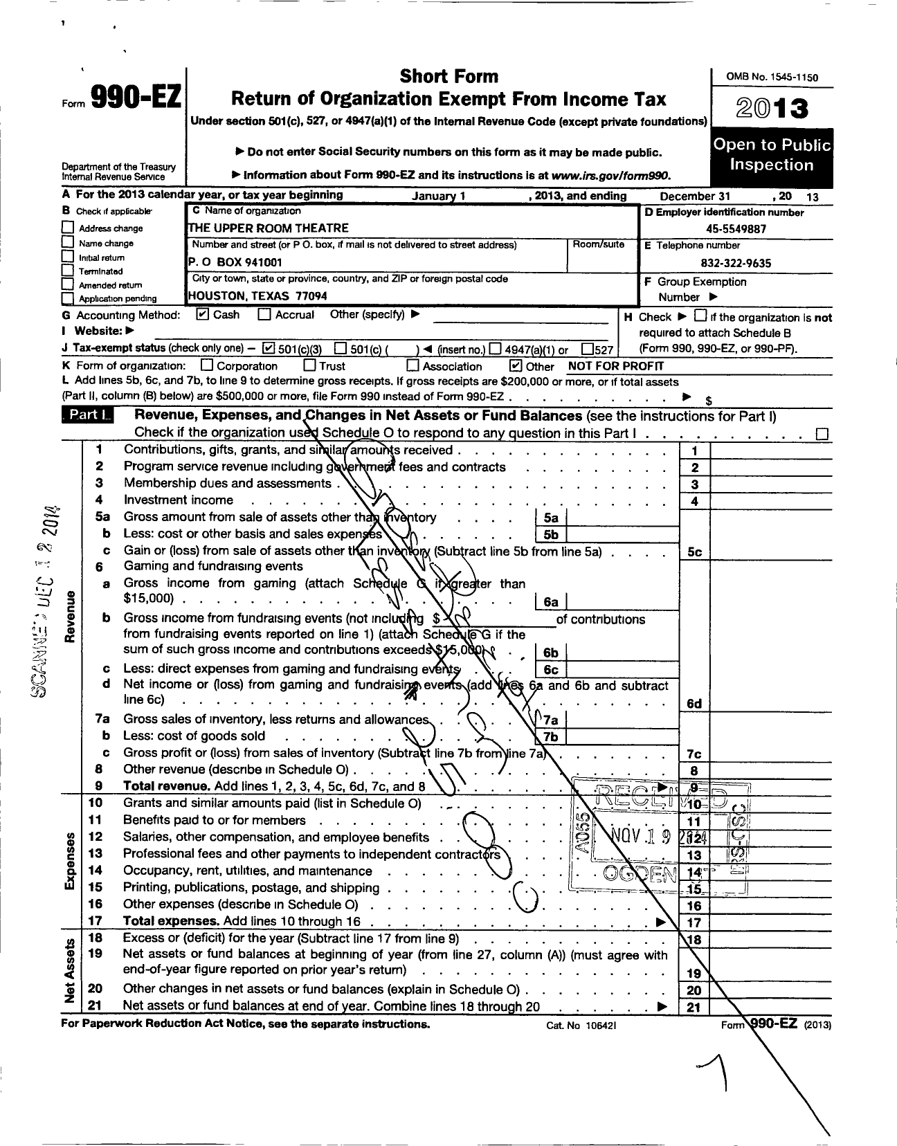 Image of first page of 2013 Form 990EZ for Upper Room Theatre