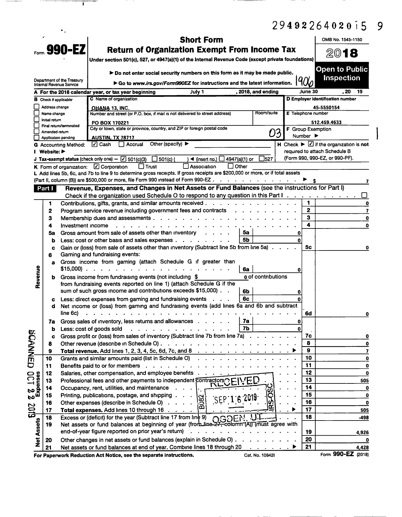 Image of first page of 2018 Form 990EZ for Ohana 13