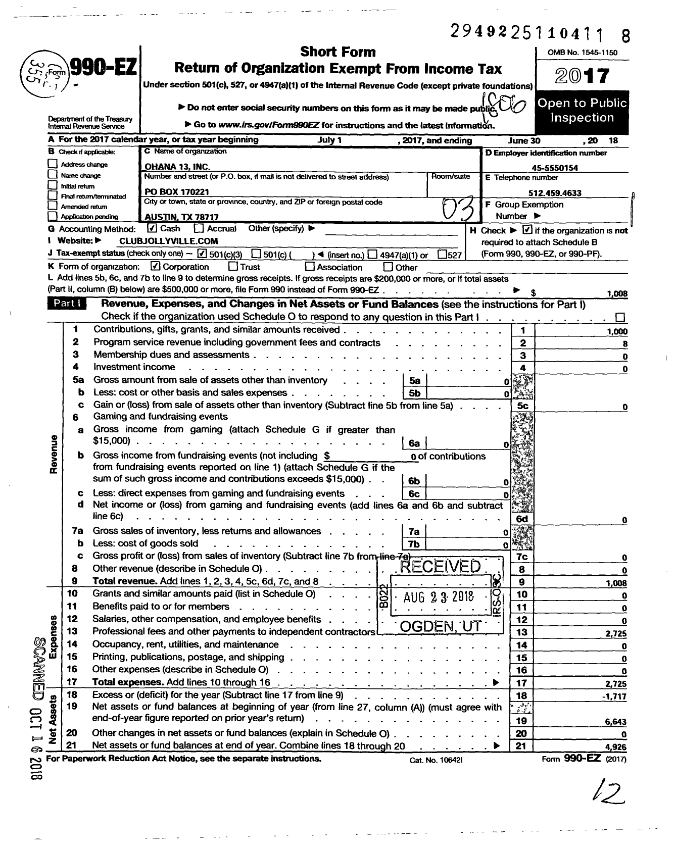 Image of first page of 2017 Form 990EZ for Ohana 13