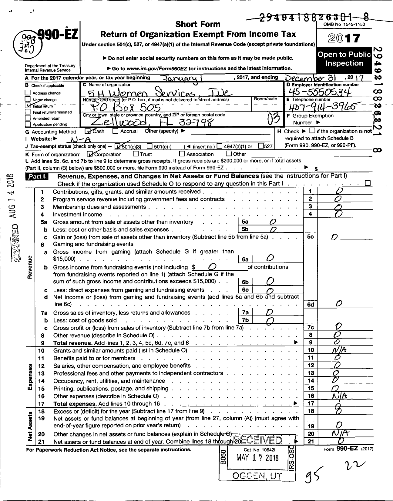 Image of first page of 2017 Form 990EZ for 5 H Women Services