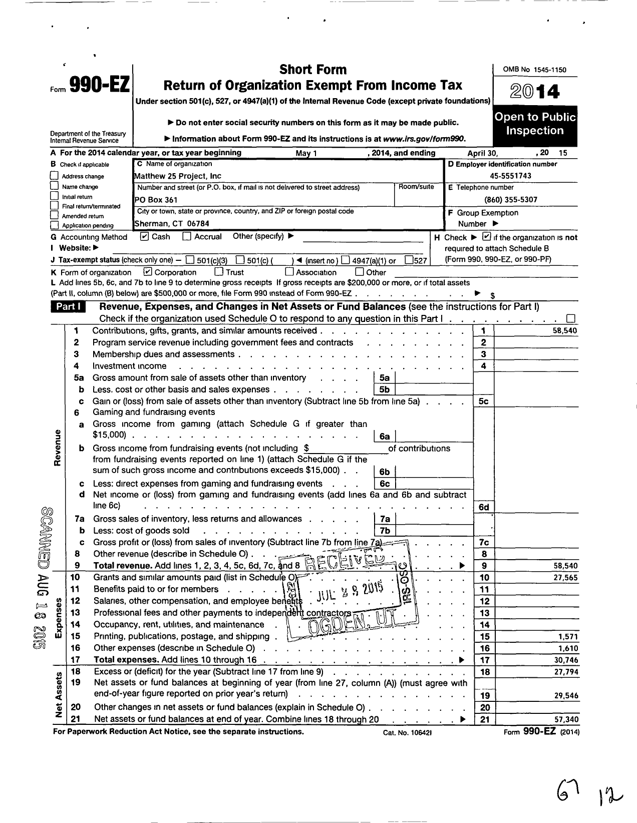 Image of first page of 2014 Form 990EO for Matthew 25 Project