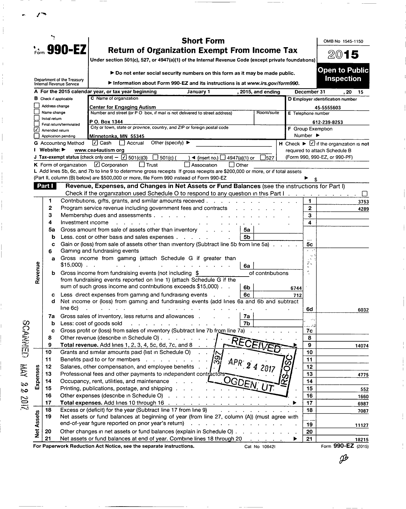 Image of first page of 2015 Form 990EZ for Center for Engaging Autism