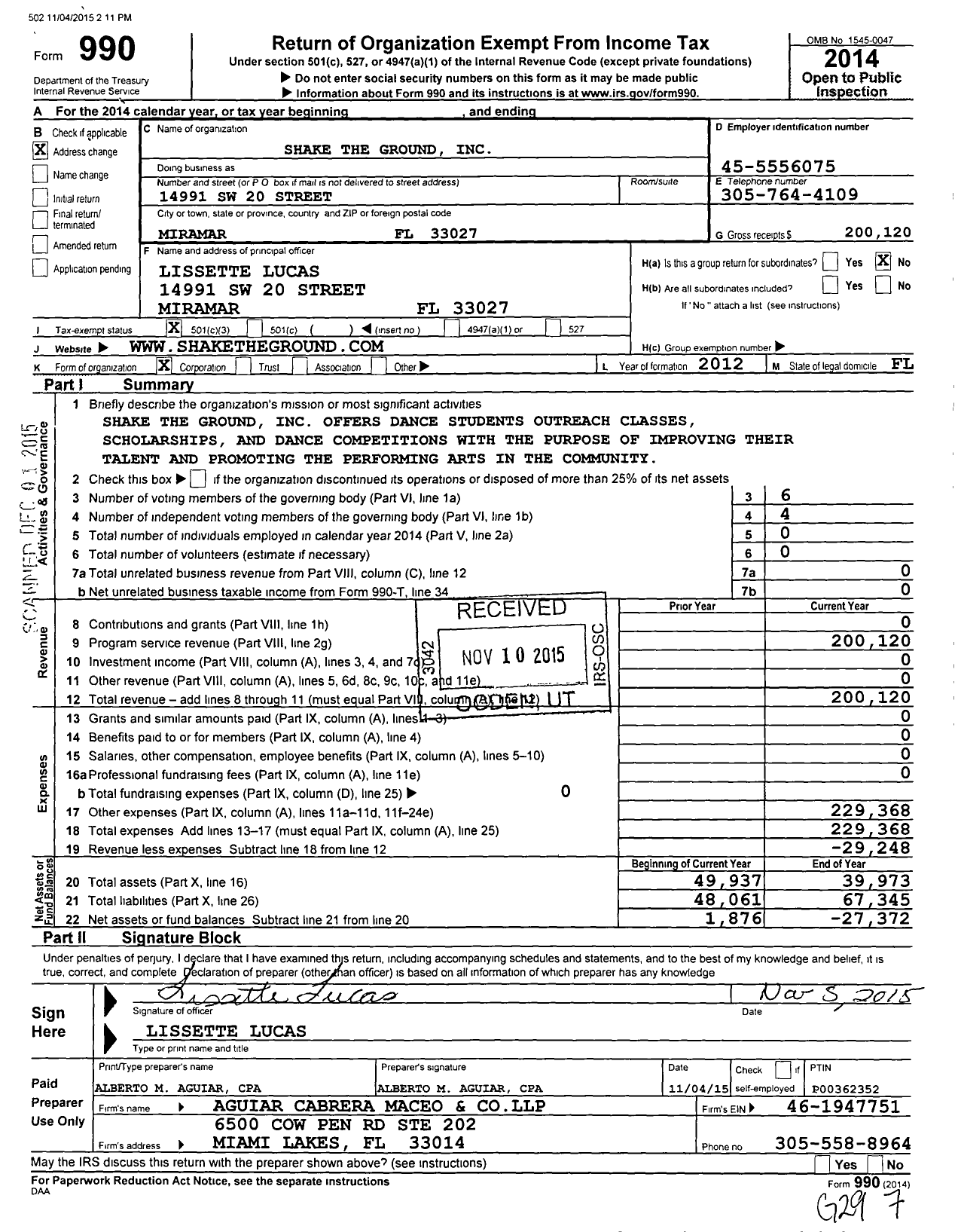 Image of first page of 2014 Form 990 for Shake the Ground