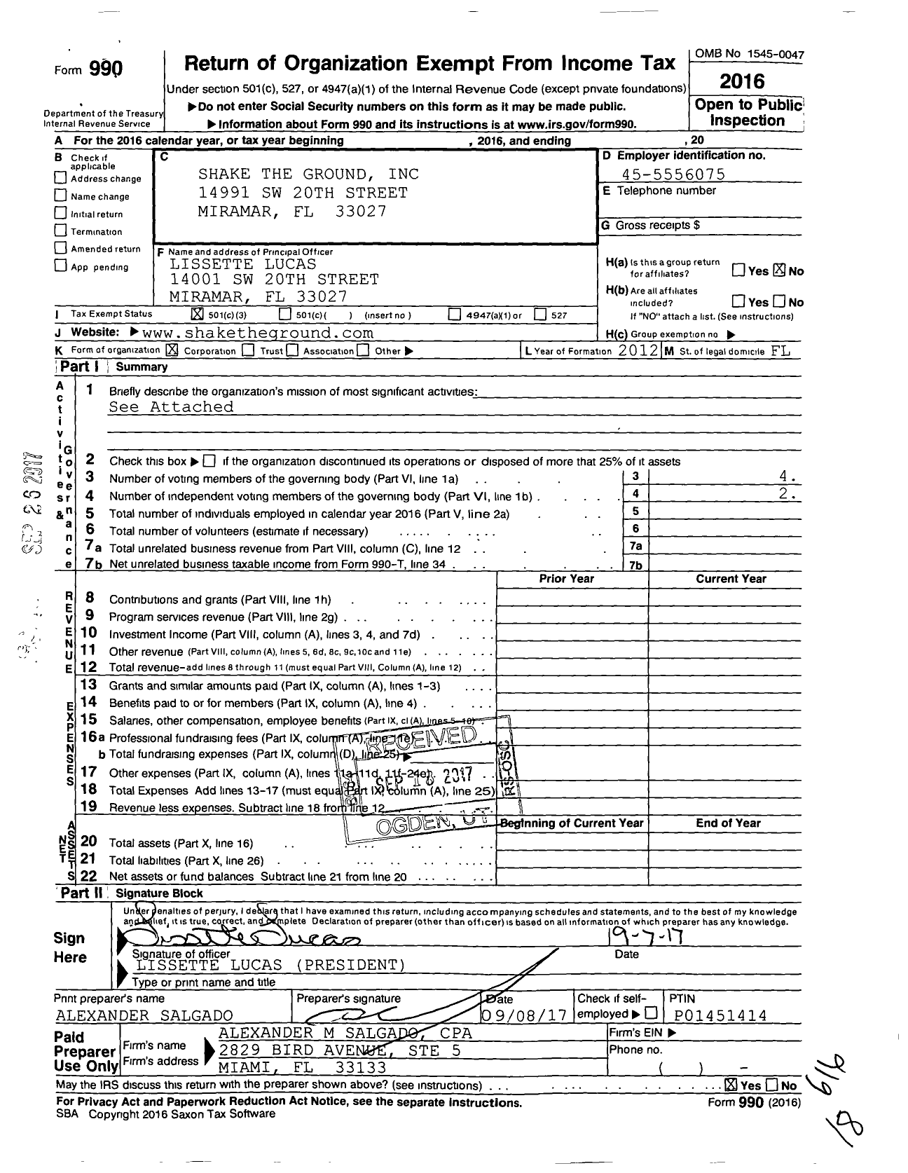 Image of first page of 2016 Form 990 for Shake the Ground