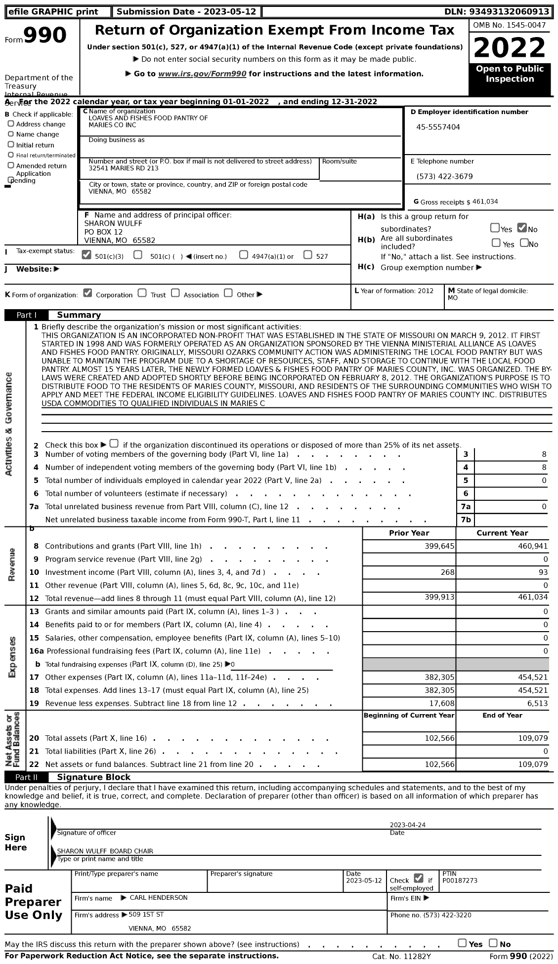 Image of first page of 2022 Form 990 for Loaves and Fishes Food Pantry of Maries