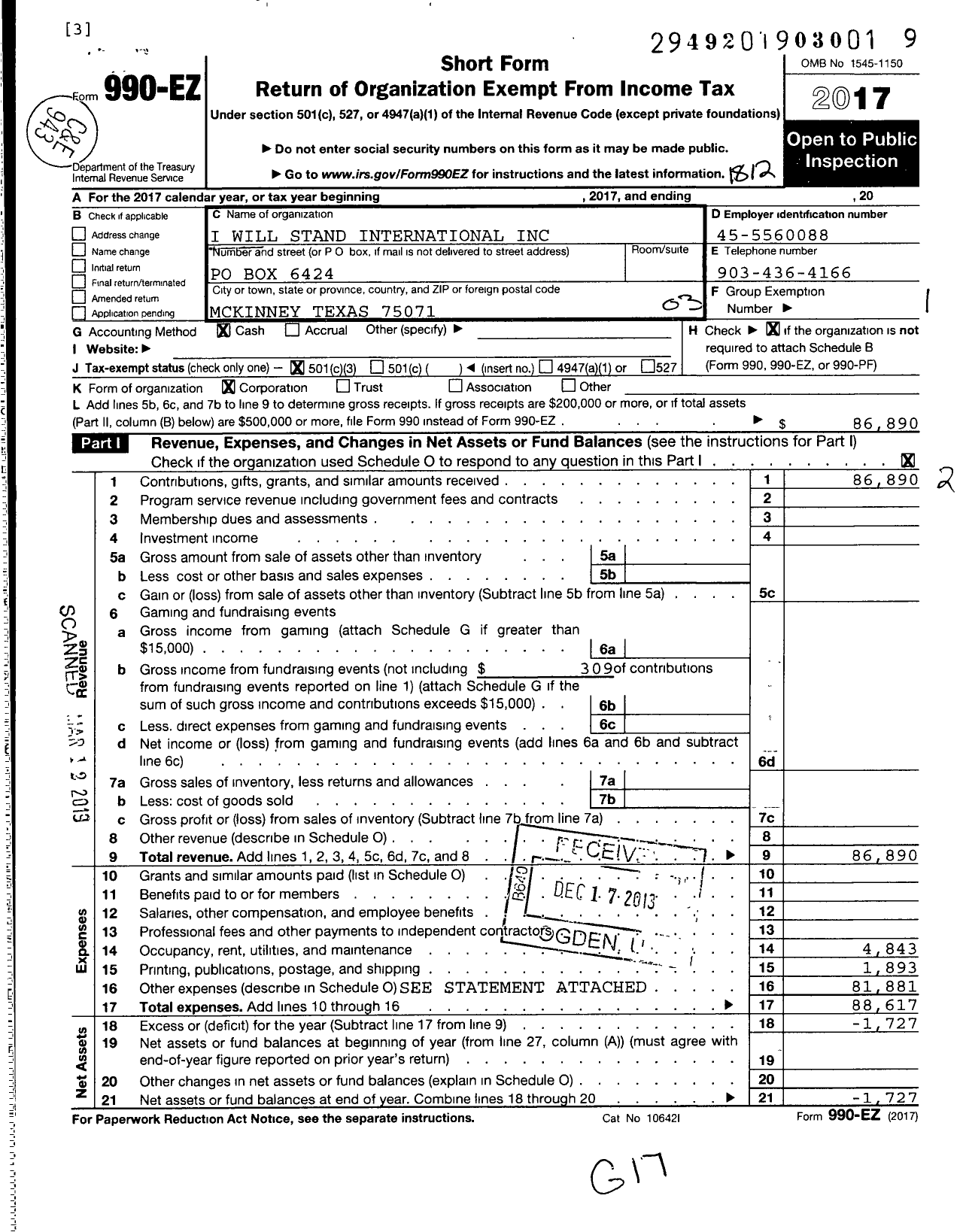 Image of first page of 2018 Form 990EZ for I Will Stand International