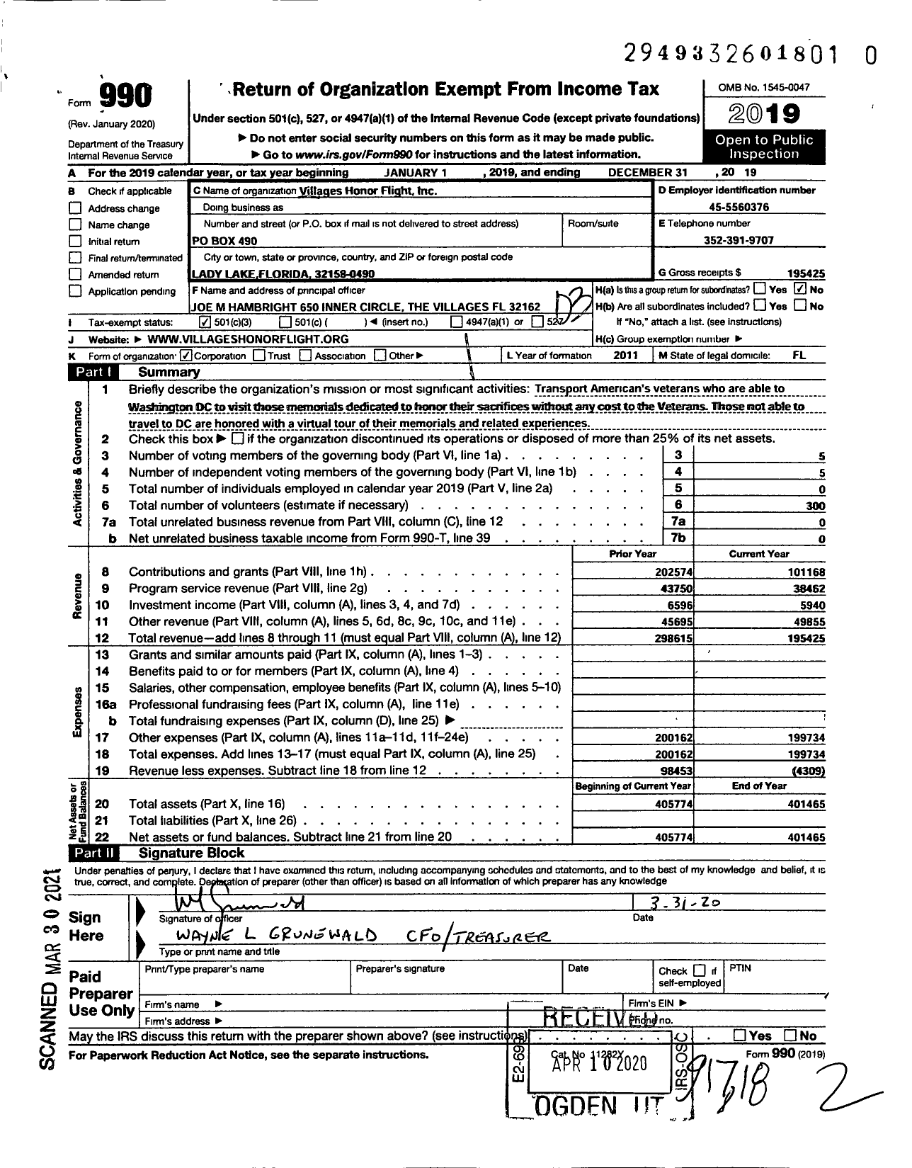 Image of first page of 2019 Form 990 for Villages Honor Flight