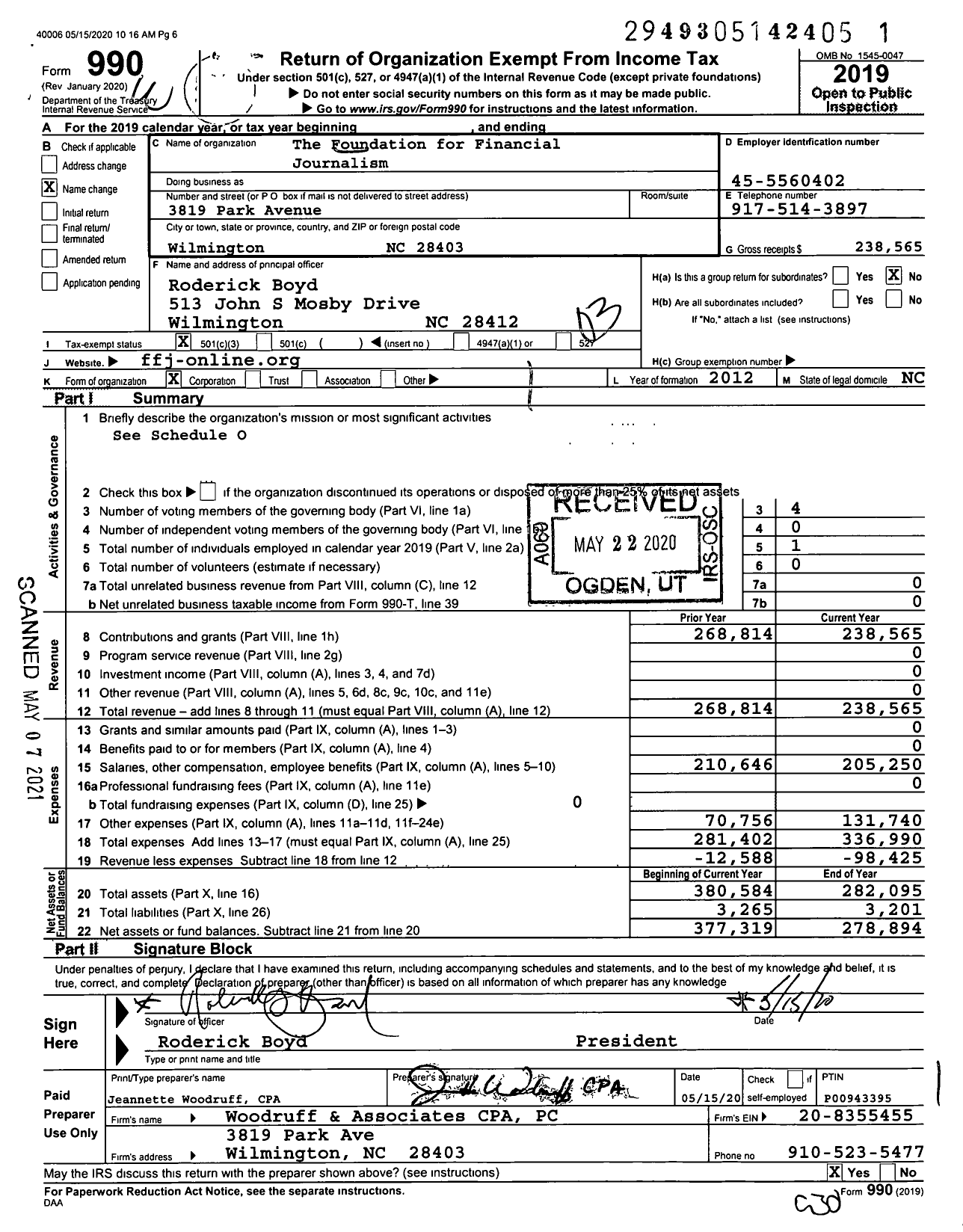 Image of first page of 2019 Form 990 for The Foundation for Financial Journalism