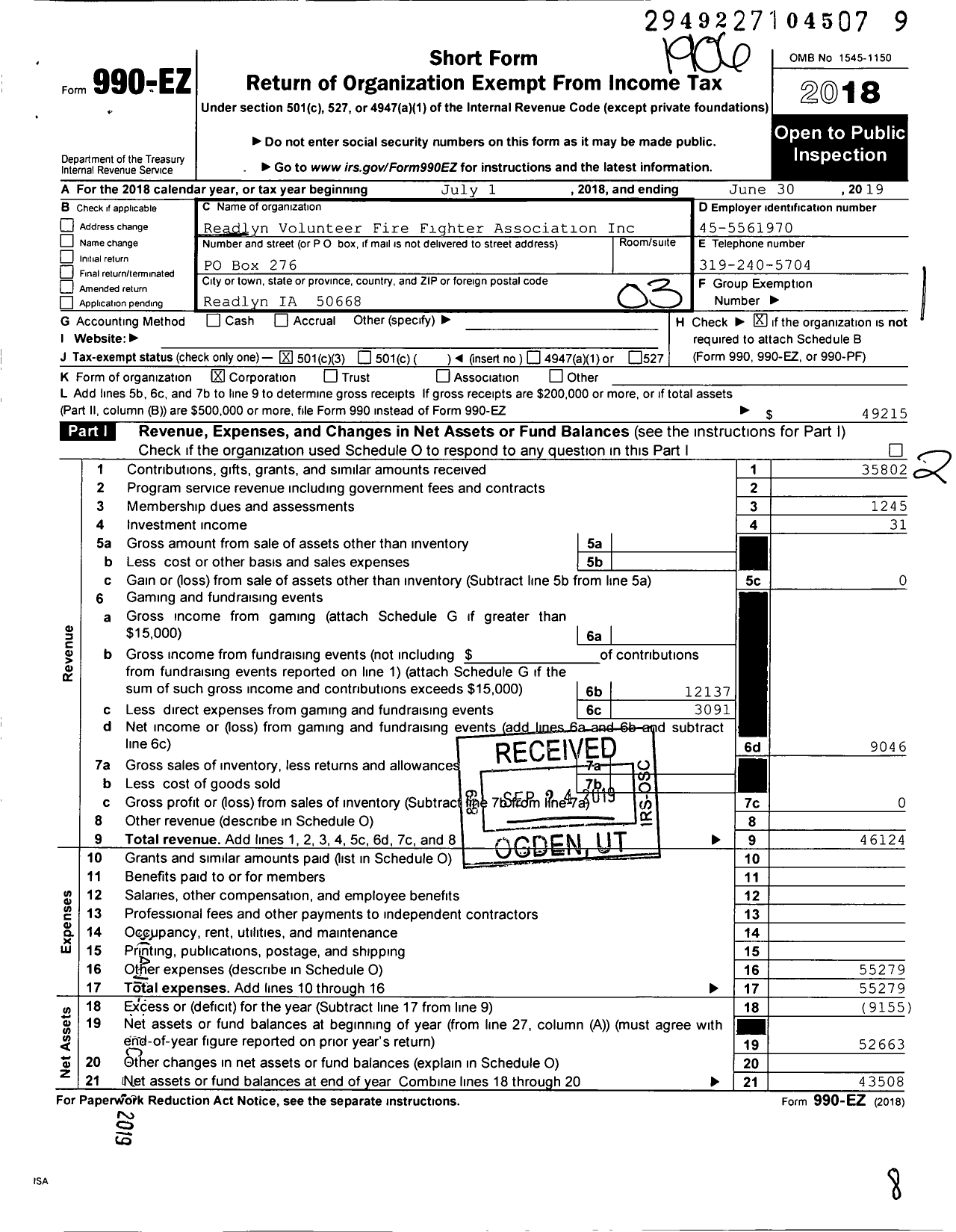 Image of first page of 2018 Form 990EZ for Readlyn Volunteer Fire Fighter Association