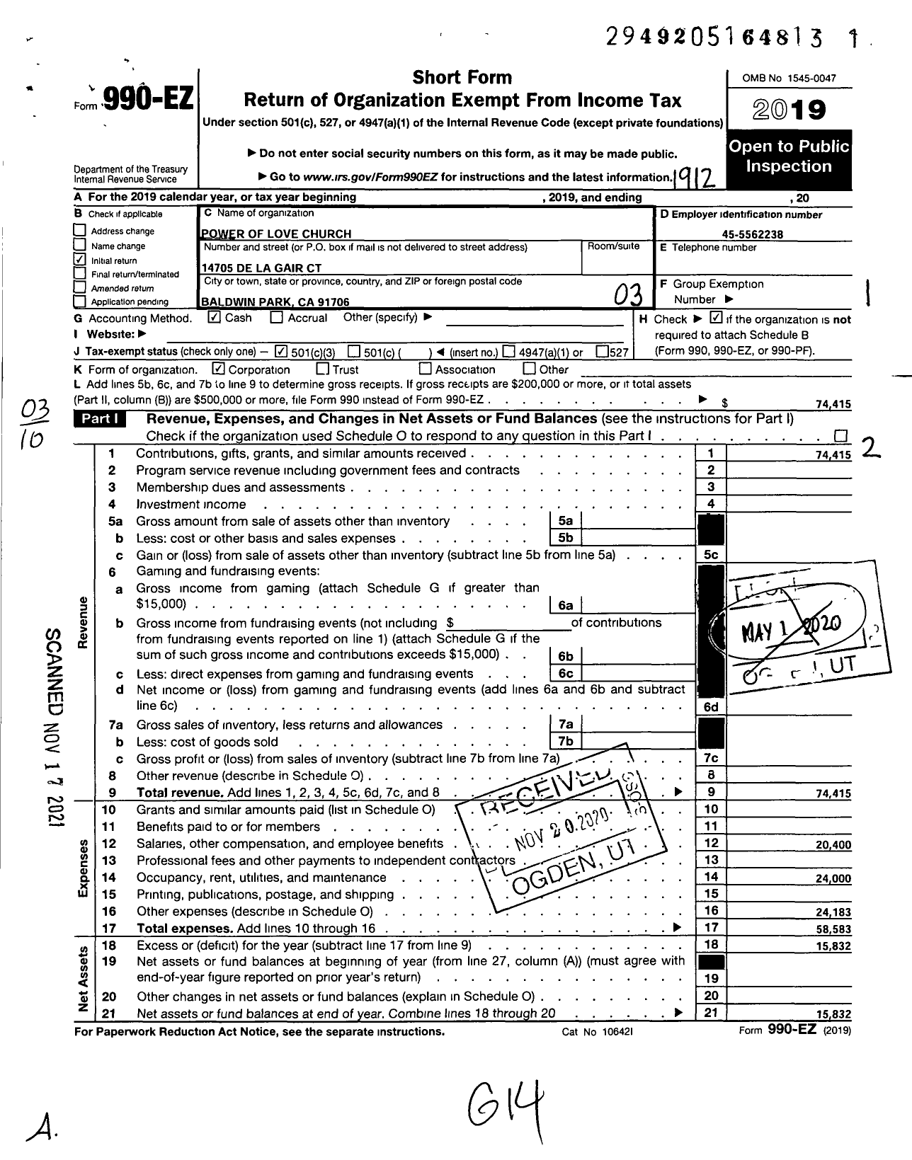 Image of first page of 2019 Form 990EZ for Power of Love Church