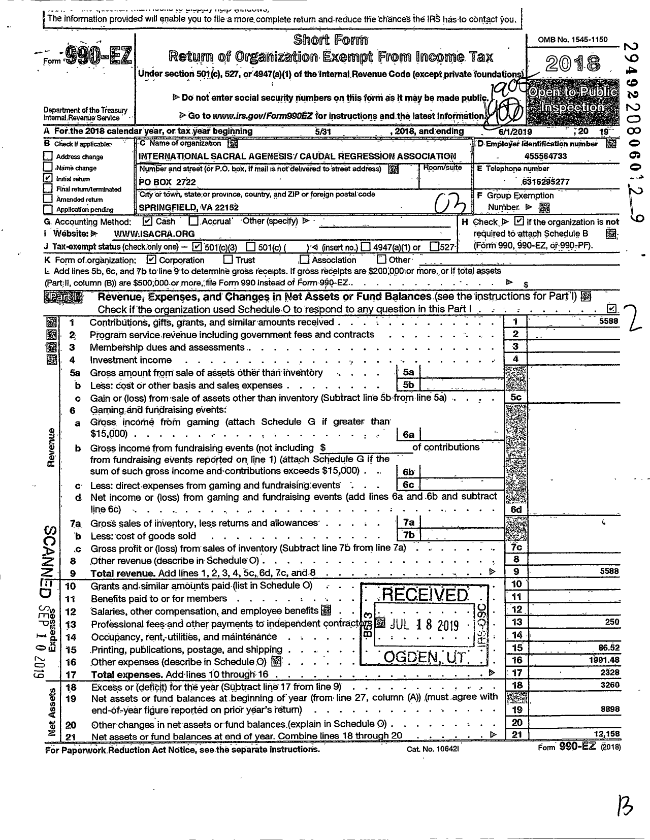 Image of first page of 2018 Form 990EZ for International Sacral Agenesis Caudal Regression Association