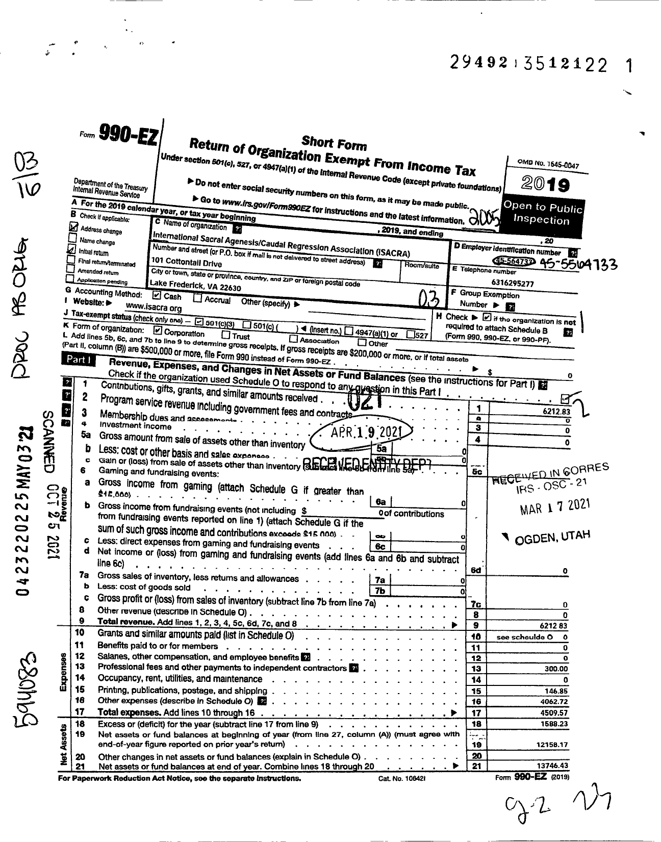 Image of first page of 2019 Form 990EZ for International Sacral Agenesis Caudal Regression Association