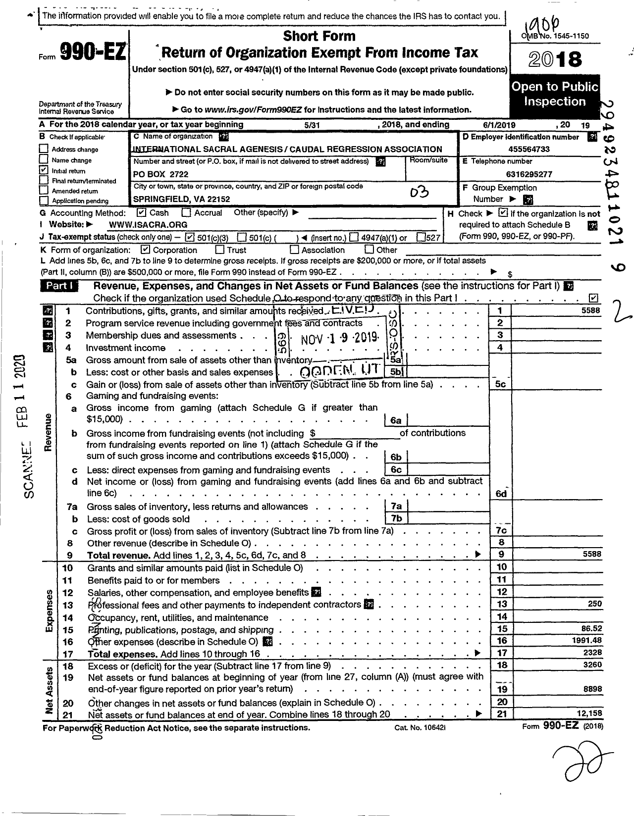 Image of first page of 2018 Form 990EZ for International Sacral Agenesis Caudal Regression Association