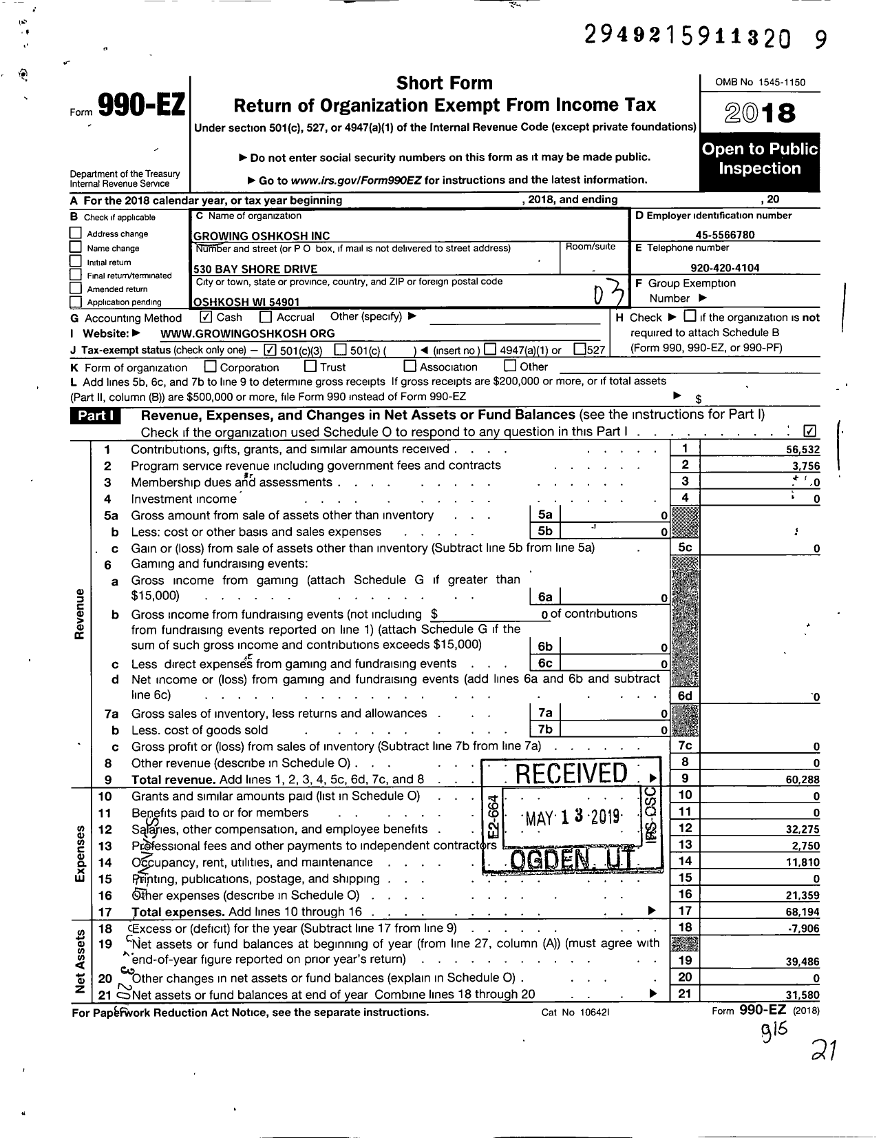 Image of first page of 2018 Form 990EZ for Growing Oshkosh