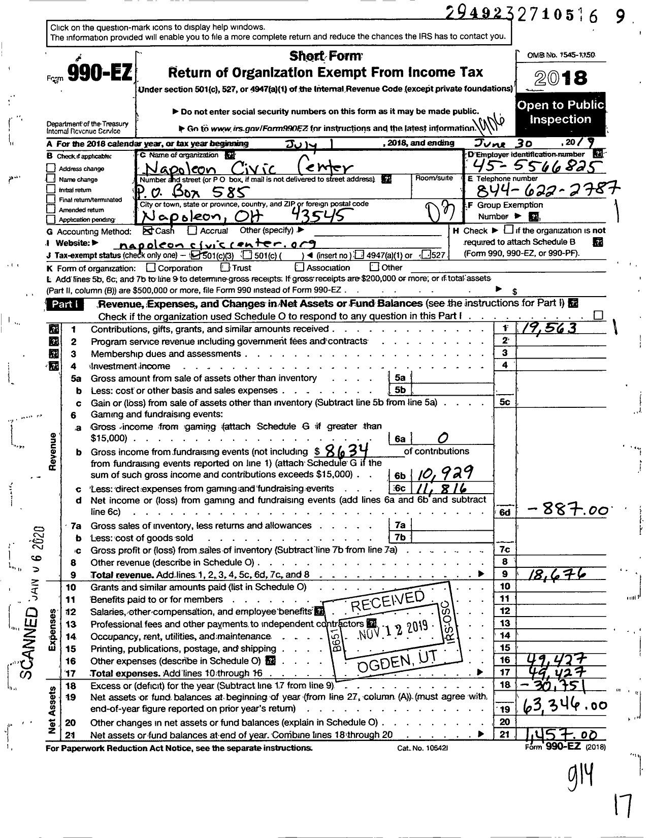 Image of first page of 2018 Form 990EZ for Napoleon Civic Center