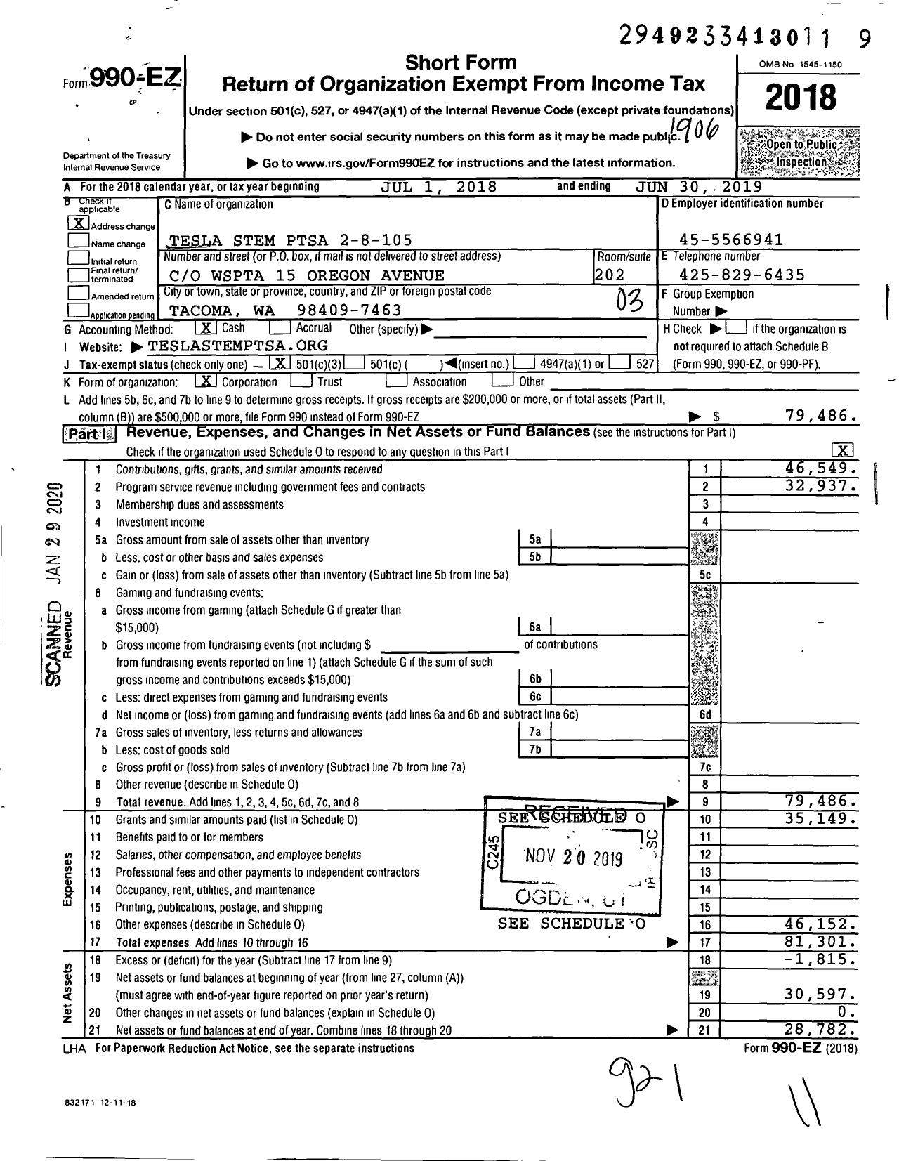 Image of first page of 2018 Form 990EZ for Tesla Stem Ptsa 2-8-105