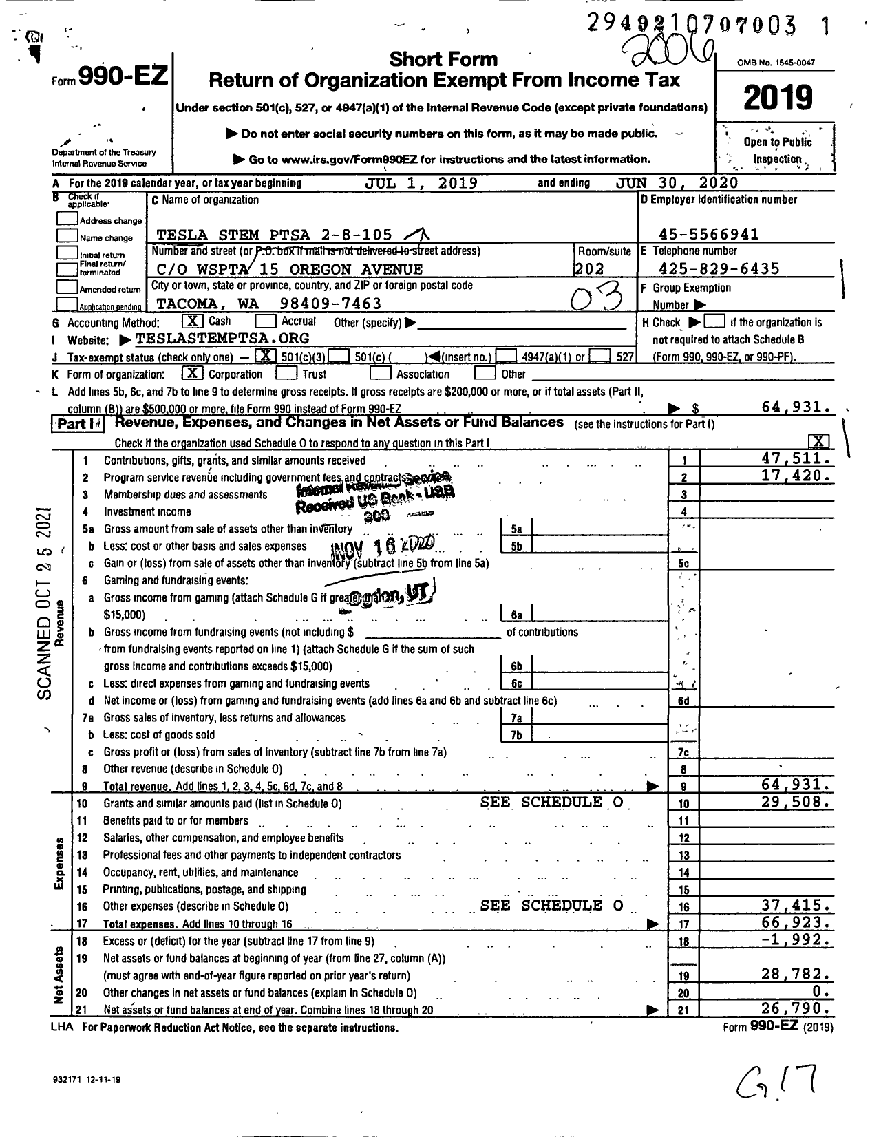 Image of first page of 2019 Form 990EZ for Tesla Stem Ptsa 2-8-105