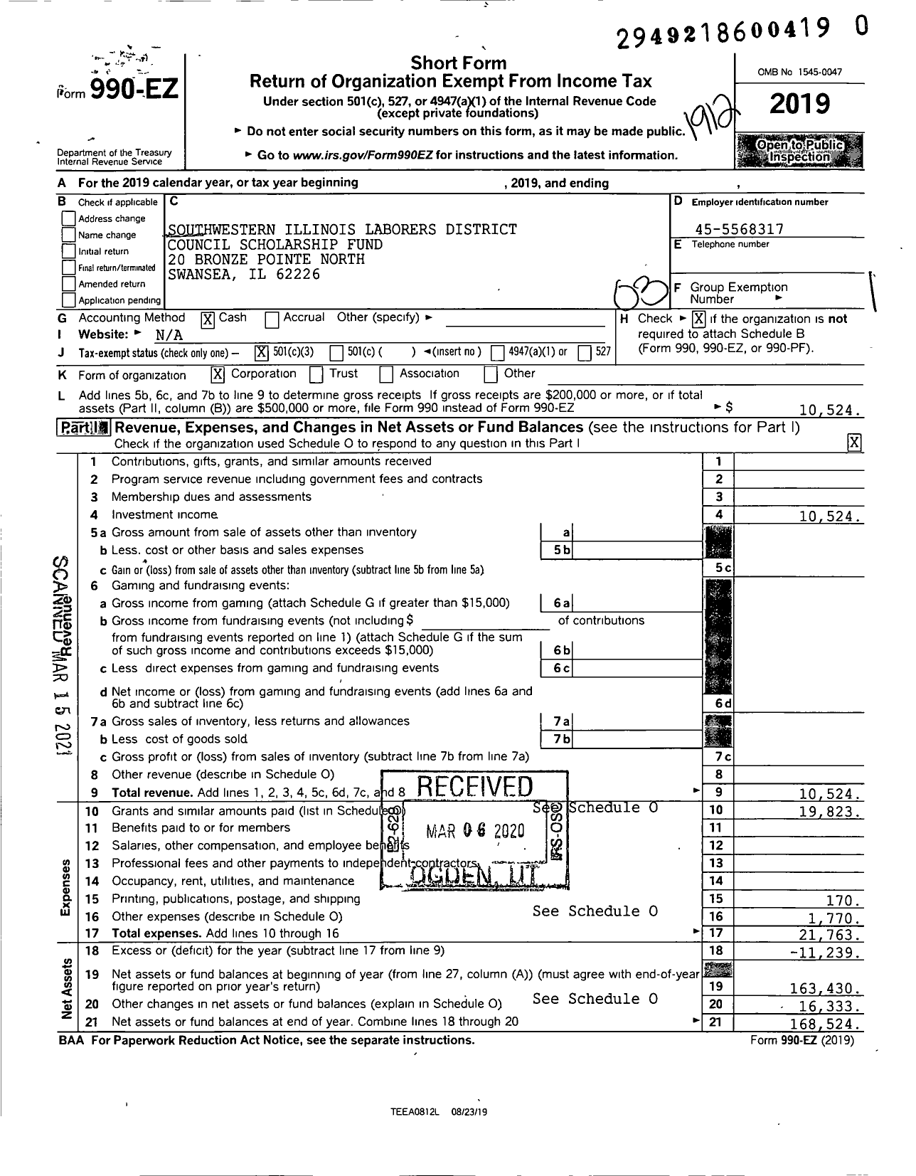 Image of first page of 2019 Form 990EZ for Southwestern Illinois Laborers District