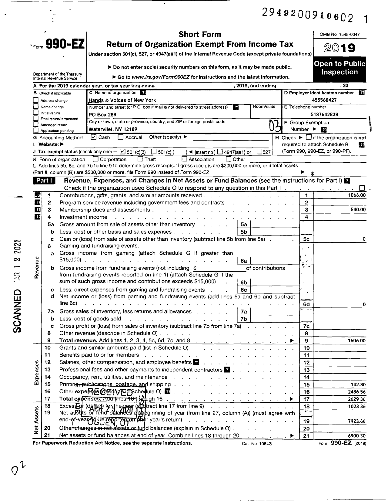 Image of first page of 2019 Form 990EZ for Hands and Voices of New York