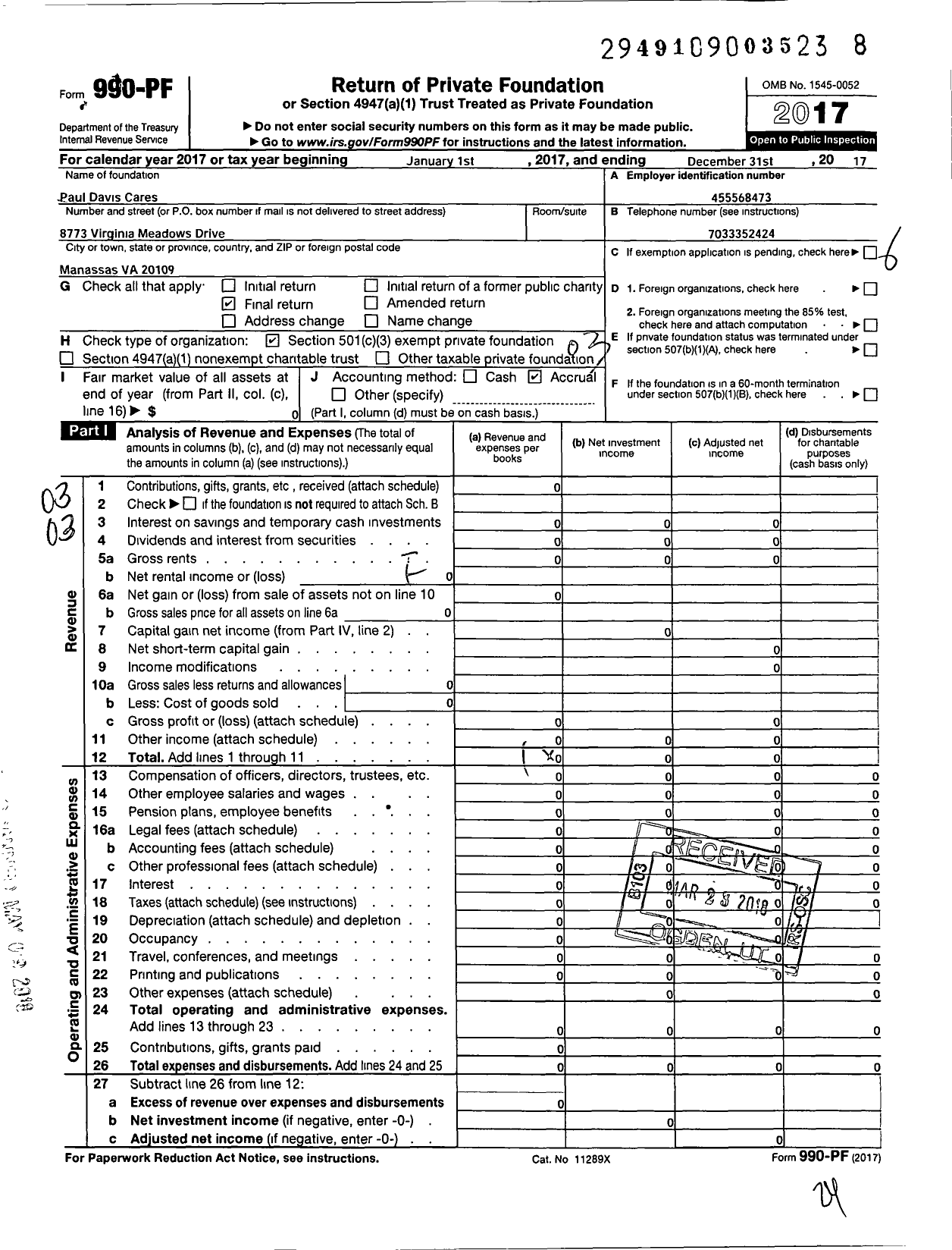Image of first page of 2017 Form 990PF for Paul Davis Cares