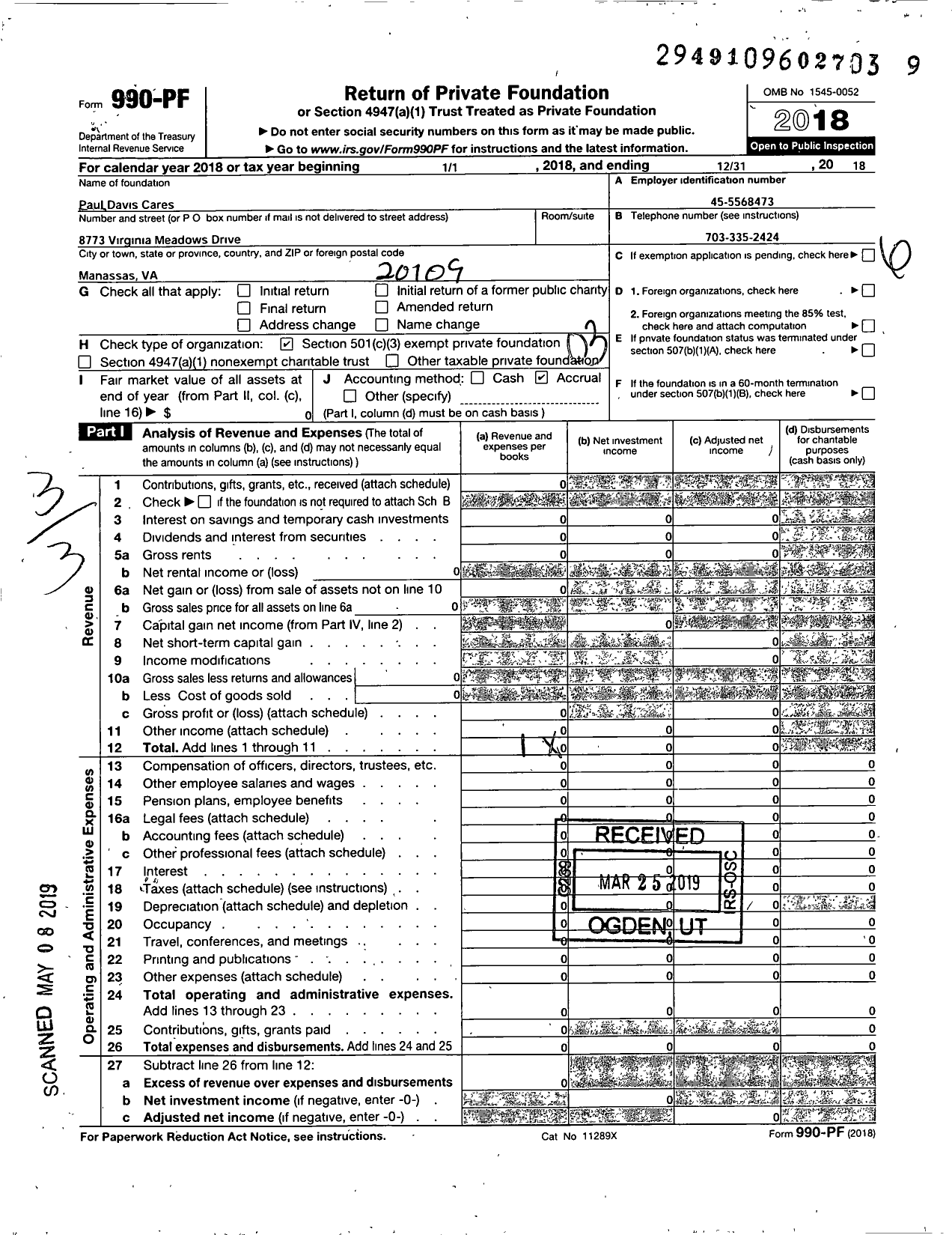 Image of first page of 2018 Form 990PF for Paul Davis Cares