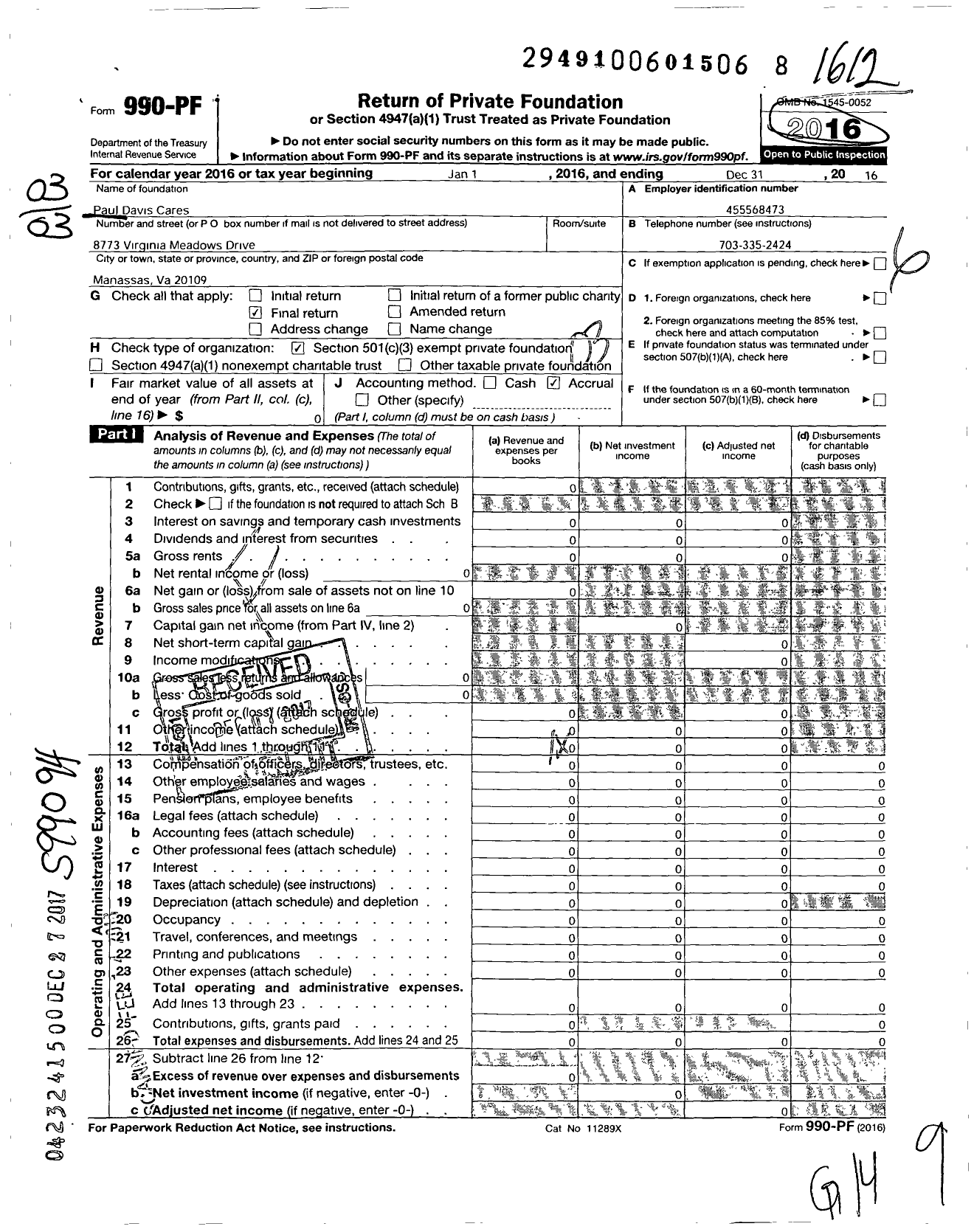 Image of first page of 2016 Form 990PF for Paul Davis Cares