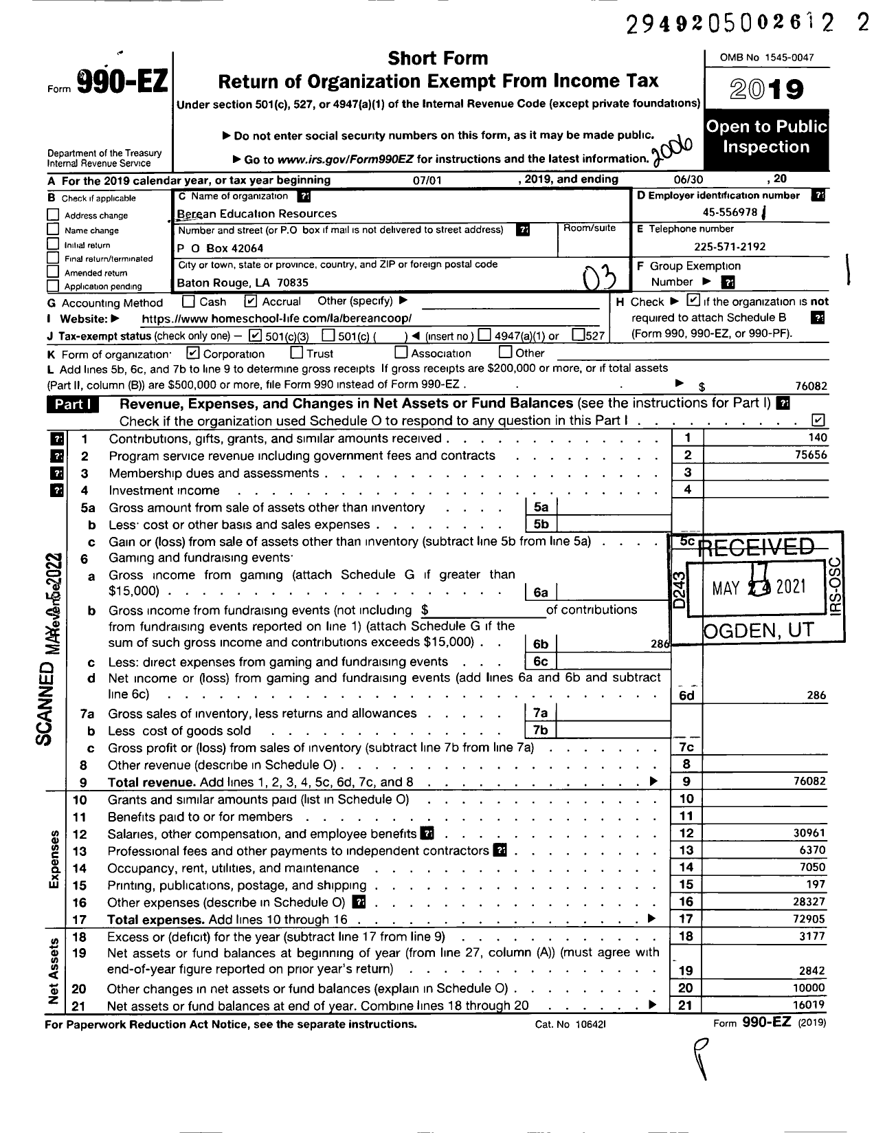 Image of first page of 2019 Form 990EZ for Berean Education Resources