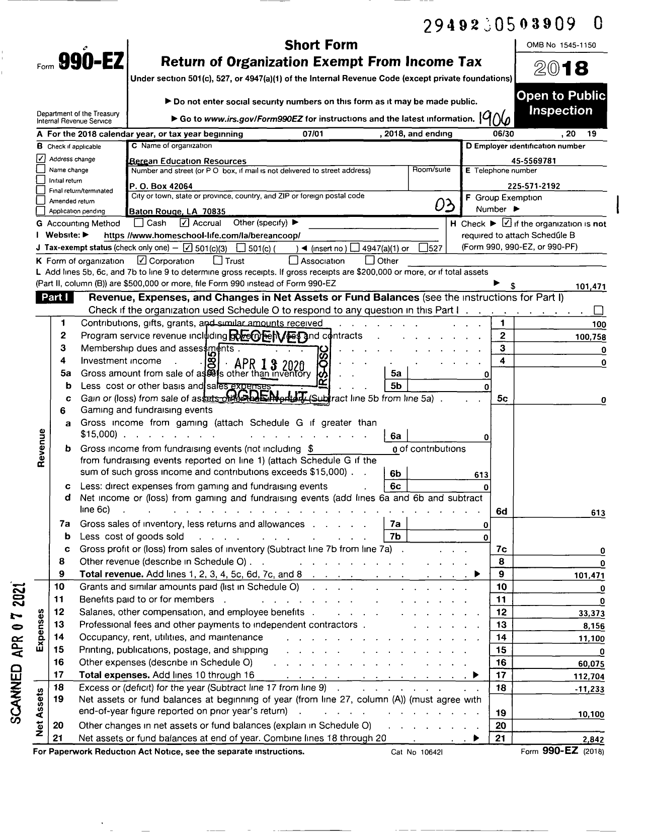 Image of first page of 2018 Form 990EZ for Berean Education Resources