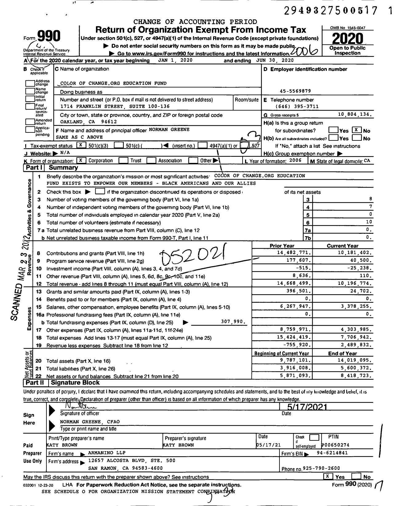 Image of first page of 2019 Form 990 for Color of Changeorg Education Fund