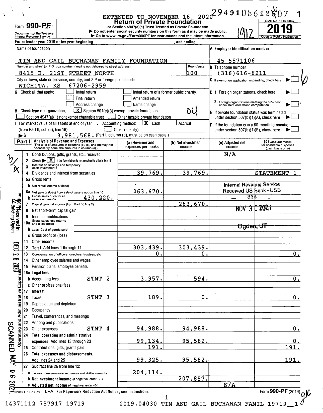 Image of first page of 2019 Form 990PF for Tim and Gail Buchanan Family Foundation